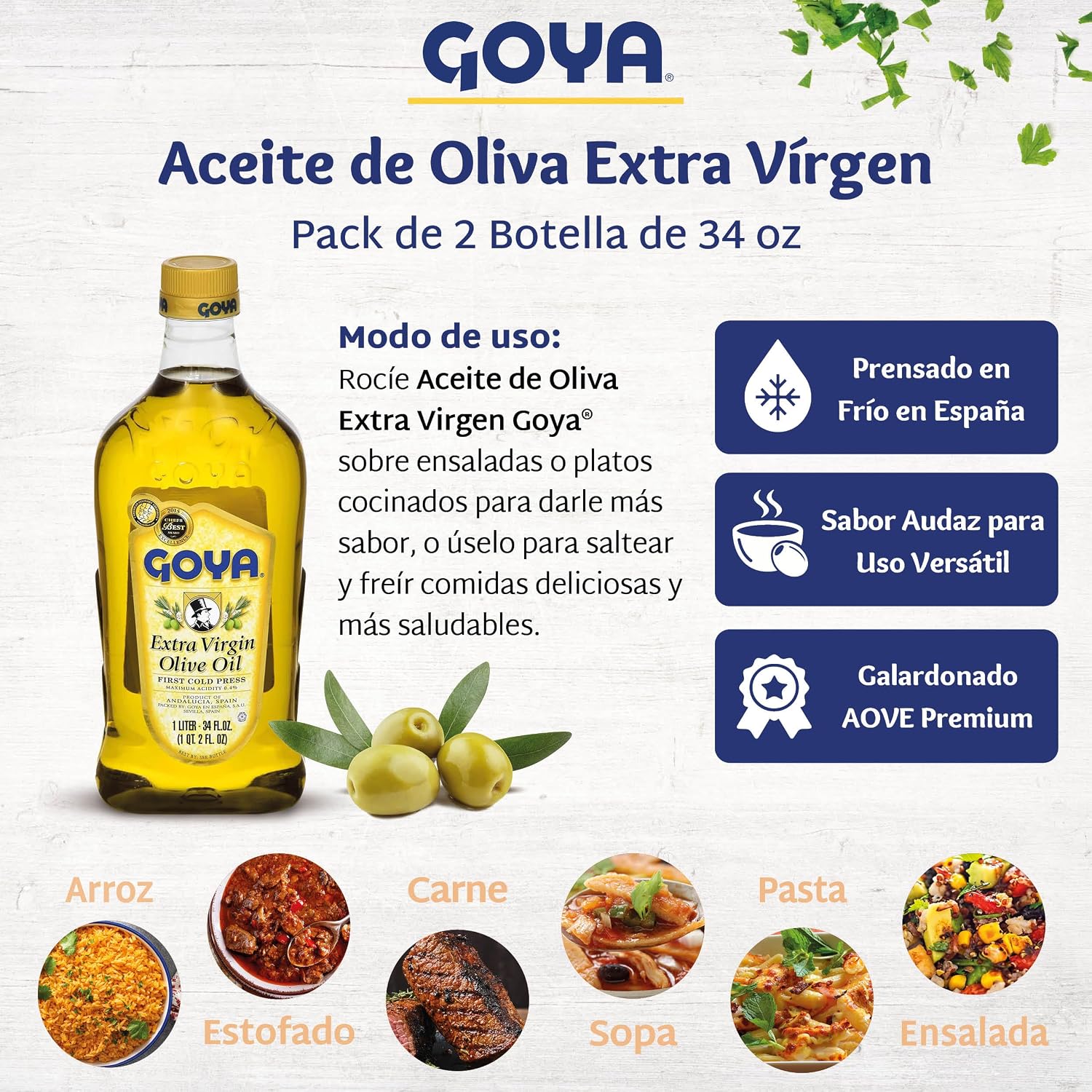 Goya Extra Virgin Olive Oil, Polyphenol Rich, Pressed, Pack of 2, 34 fl oz | Cold Pressed, Evoo Extra Virgin Olive Oil for Cooking, Polyphenol Rich