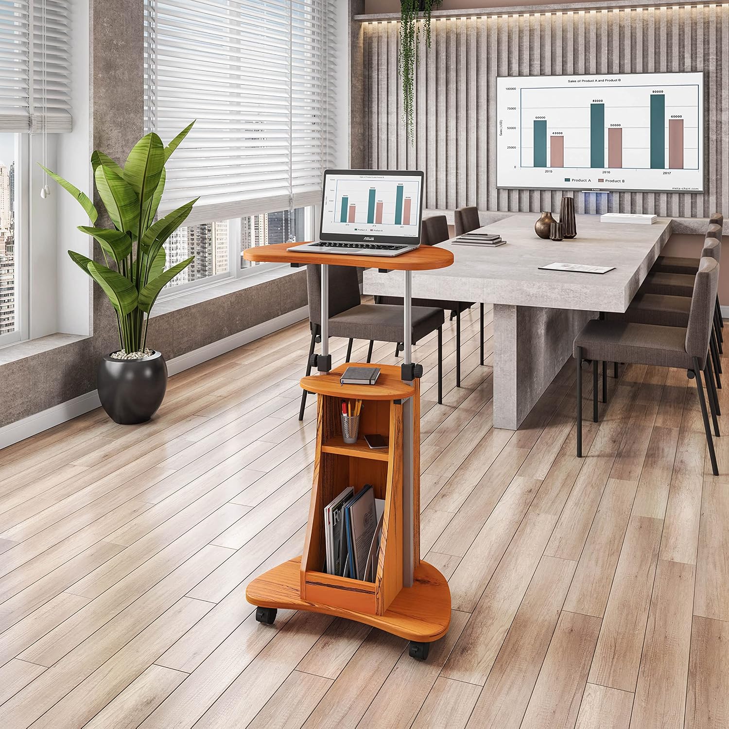Techni Mobili Adjustable Height Rolling Laptop Cart with Storage, Graphite | Adjustable height rolling laptop cart with storage drawer, open shelf, wheels, sit‑stand design for office or medical use