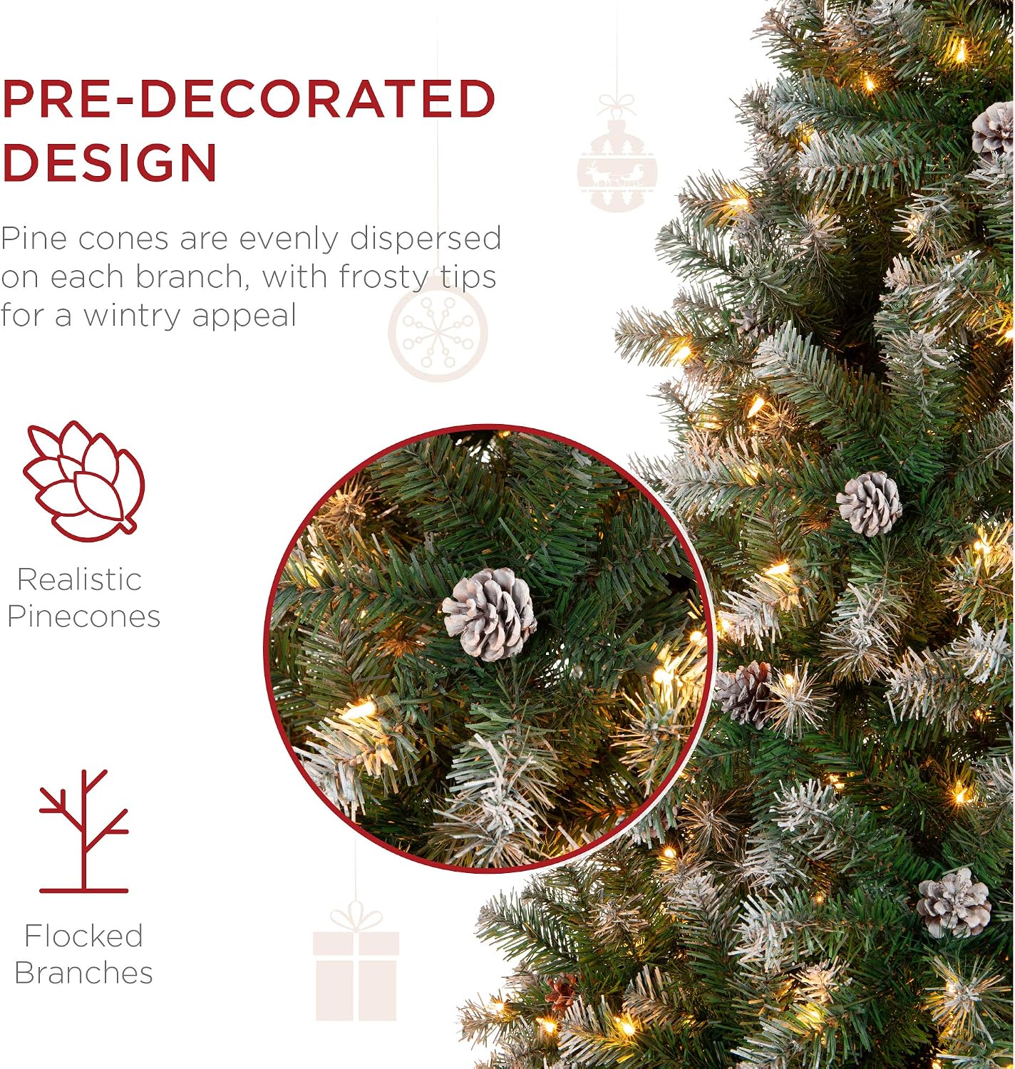 Best Choice Products 7.5ft Pre-Lit Pre-Decorated Pine Artificial Christmas Tree w/Twinkling LEDs, 1, 346 Flocked Frosted Tips, 80 Pinecones