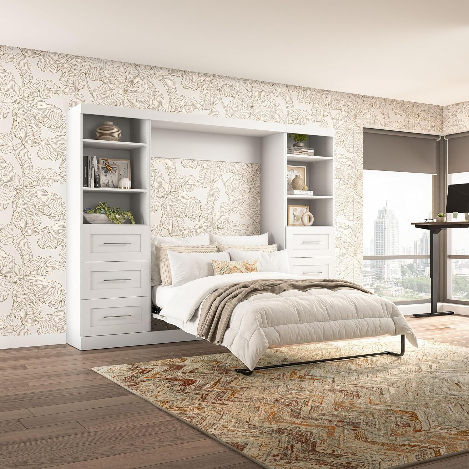 Bestar Pur Full Murphy Bed and 2 Shelving Units with Drawers, 109-inch Space-Saving Sleeping Arrangement in White | 2 Shelving Units with Drawers; supports up to 1000 lb; min. ceiling height 86.4 in.; dual piston mechanism; 10-year warranty