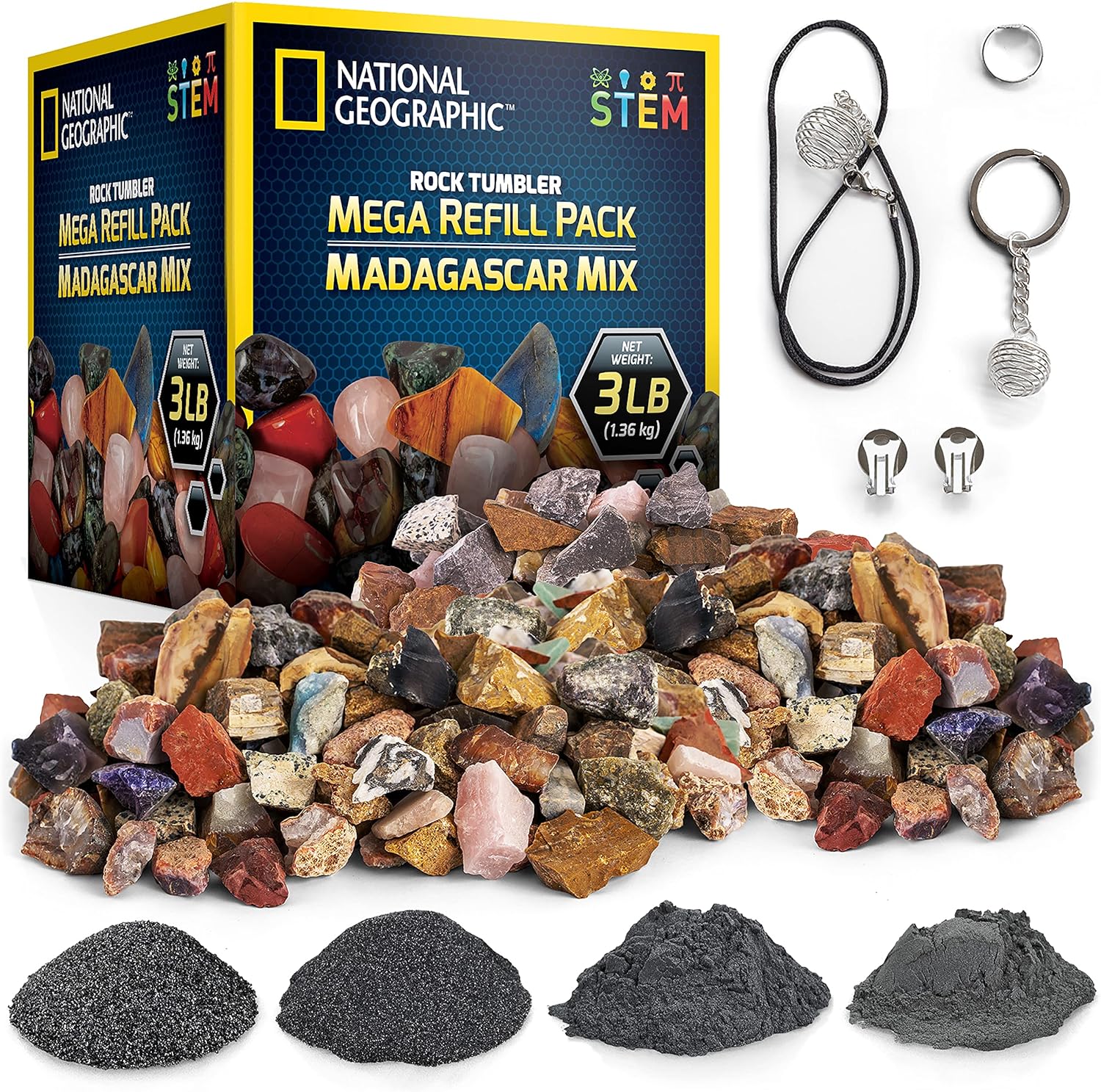 National Geographic Rock Tumbler Refill Kit with 3 Lbs. Rough Gems | 3 Lbs. Rough Gemstones, Amethyst and Quartz, 4-Stage Grit, Jewelry Accessories, Rock Polishing Supplies