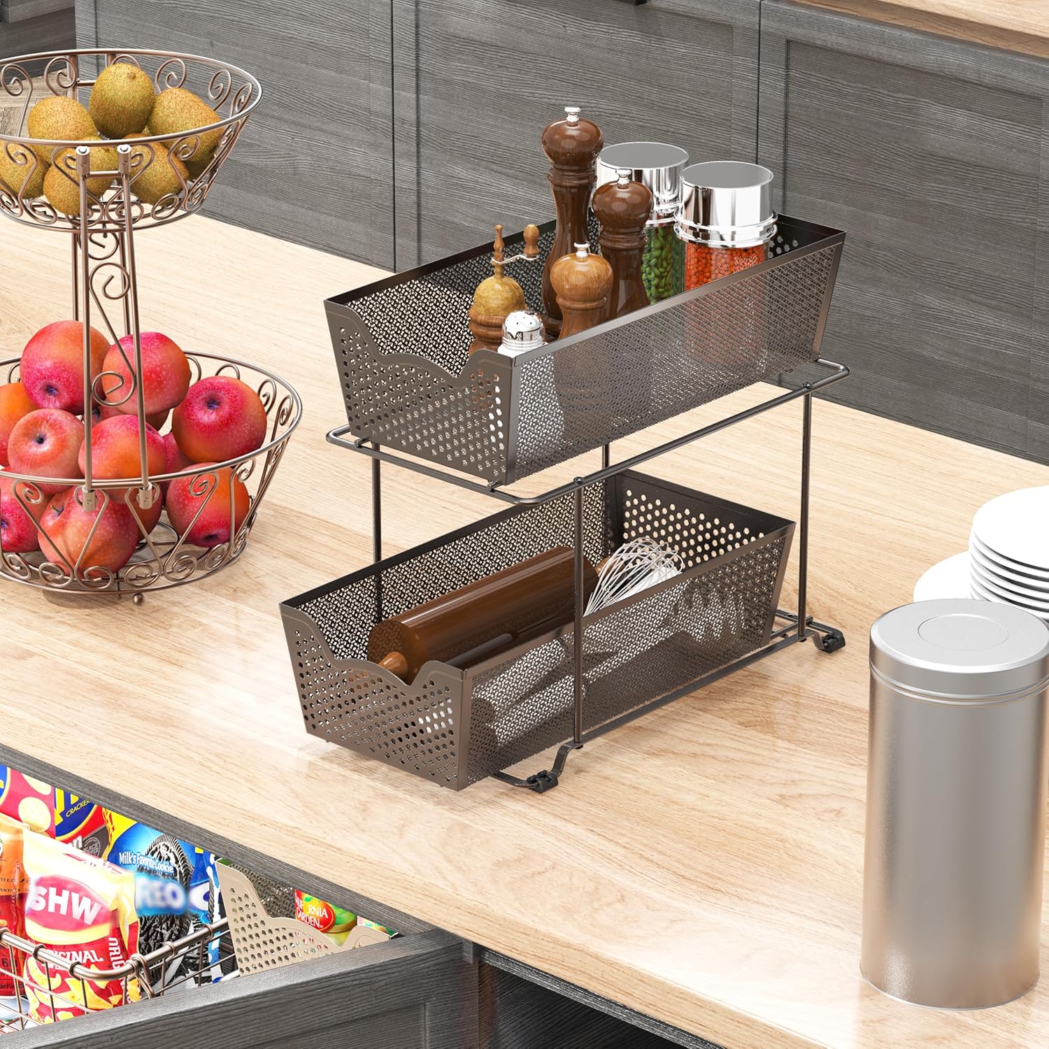 Simple Houseware 2 Tier Sliding Cabinet Basket Organizer Drawer, White