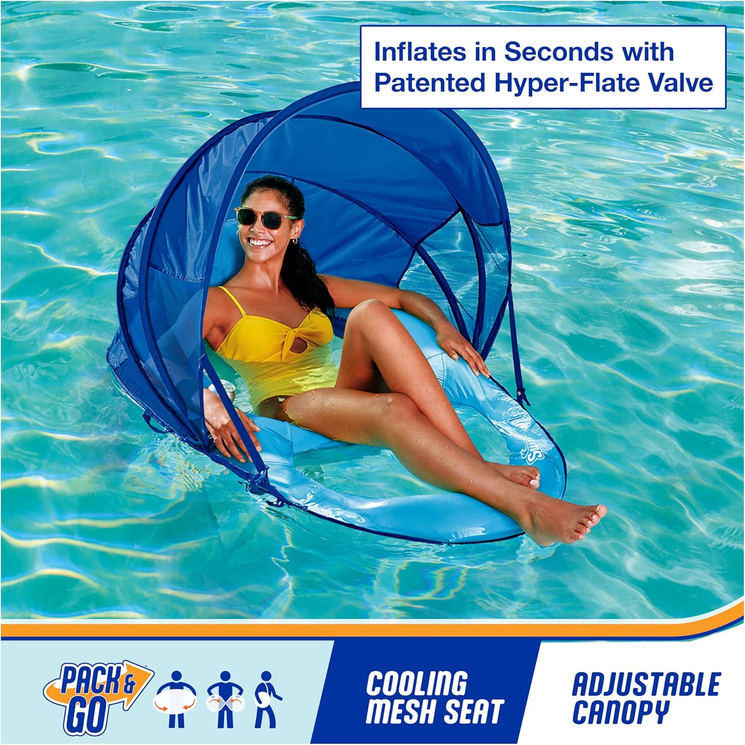 SwimWays Spring Float Recliner Chair for Swimming Pool, Inflatable Pool Floats Adult with Fast Inflation, Cup Holder & Foot Rest for Ages 15 & Up
