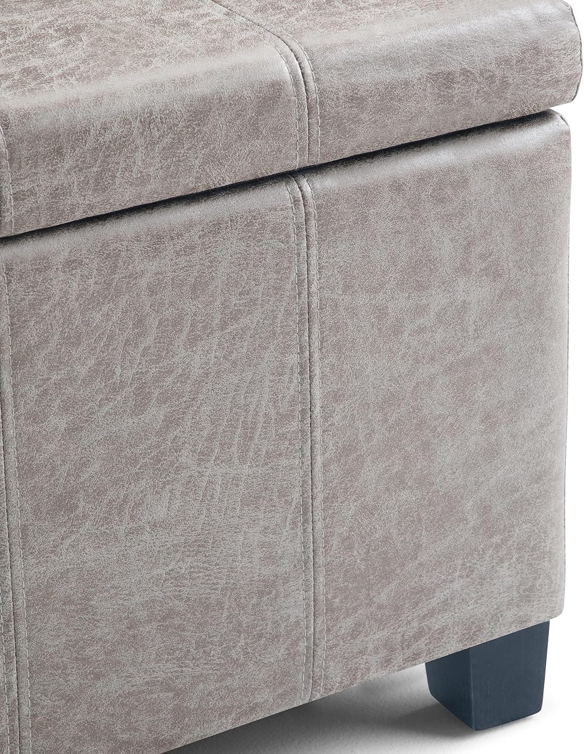 SIMPLIHOME Dover 36" Wide Vegan Leather Storage Ottoman in Midnight Black | Distressed umber brown, contemporary ottoman with lift-top and safety hinges; rectangle storage bench for living room.