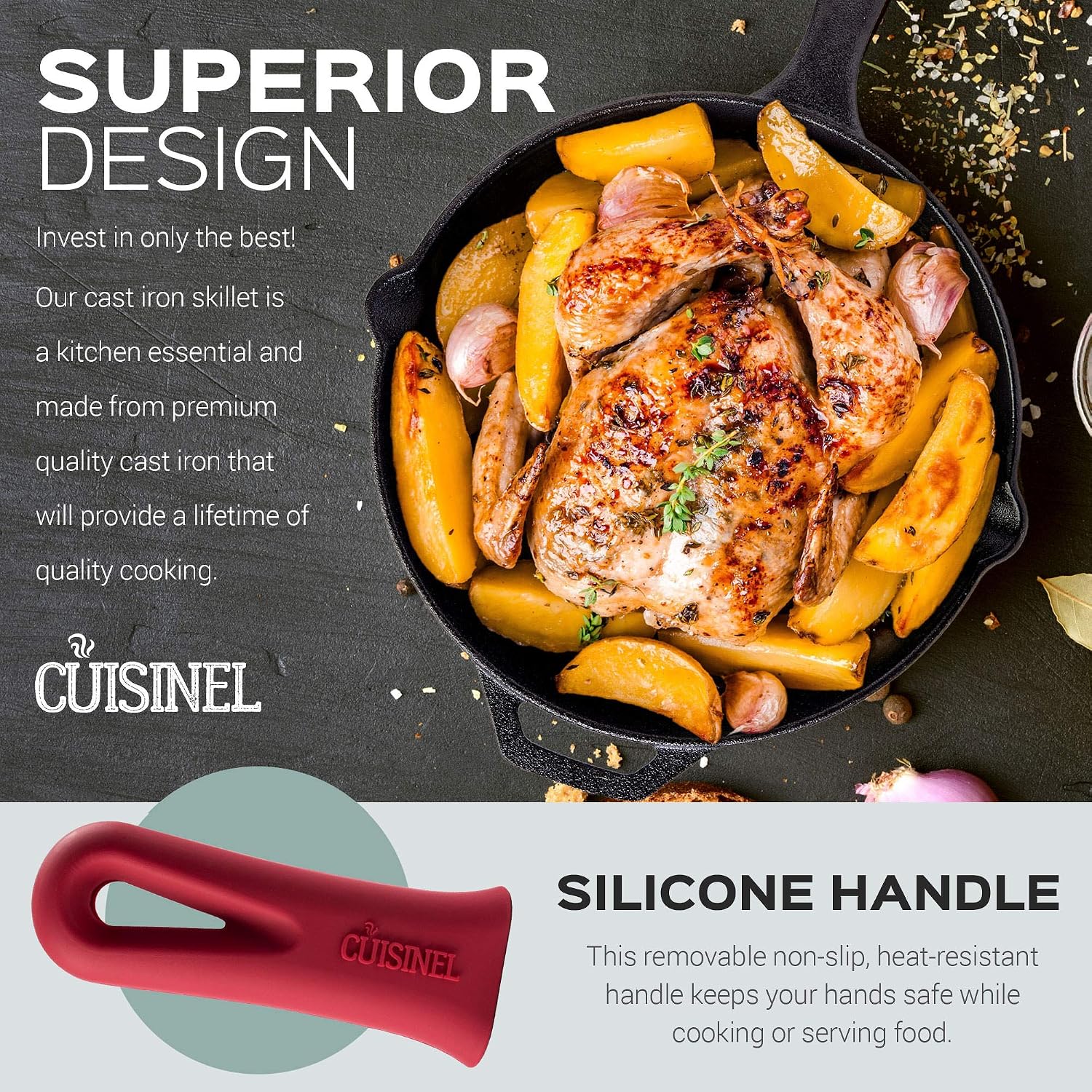 Cast Iron Skillet - 10"-Inch Frying Pan with Pour Spouts + Pan Scraper + Silicone Grip Handle Cover Holder - Pre-Seasoned Oven Cookware - Indoor/Outdoor Use - Stovetop, Induction. PFAS and PFOA-free