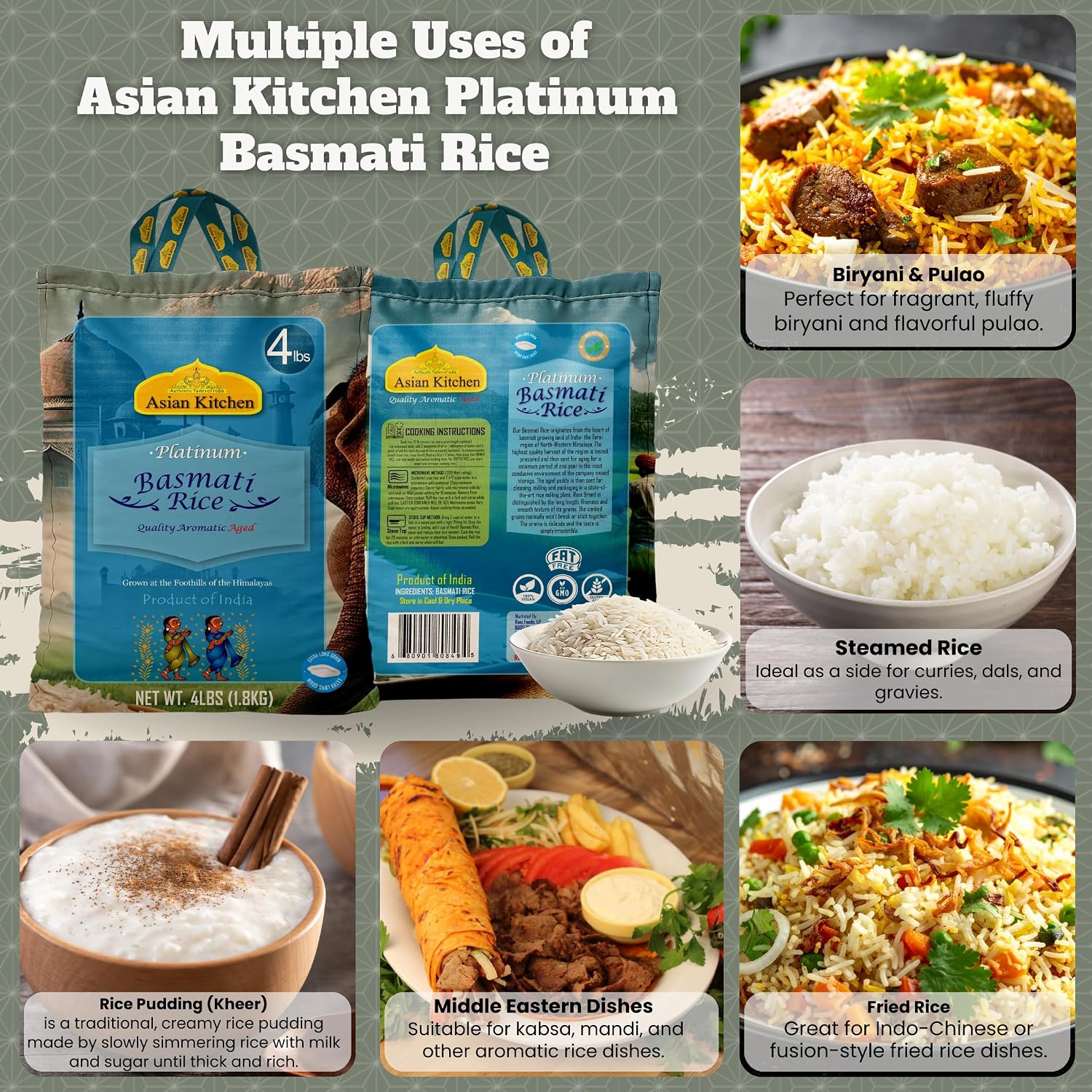 Asian Kitchen Platinum White Basmati Rice Extra Long Aged 20lbs (9.08kg) ~ All Natural | Gluten Friendly | Vegan | Indian Origin | Export Quality