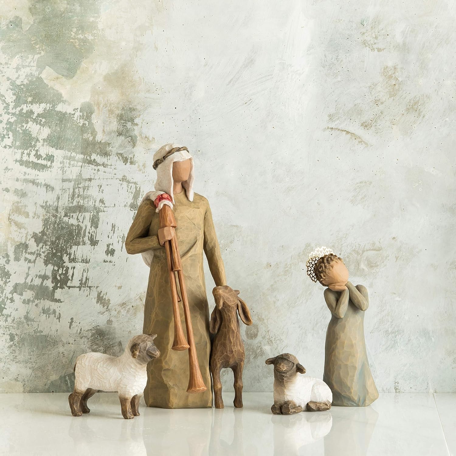 Willow Tree Shepherd and Stable Animals, Sculpted Hand-Painted Nativity Figures, 4-Piece Set | Designed by Artist Susan Lordi, Build the Nativity Scene, a Timeless Holiday Tradition to Display on Mantel or Tabletop