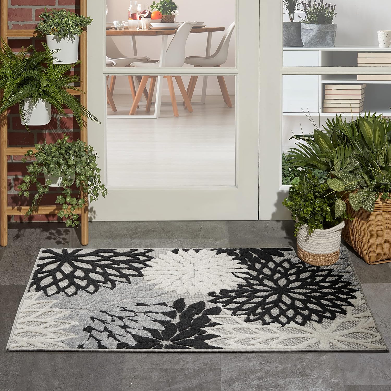 Nourison Home Aloha Indoor/Outdoor Black White 2'8" x 4' Area Rug, Tropical, Botanical, Easy Cleaning, Non Shedding, Bed Room, Living Room
