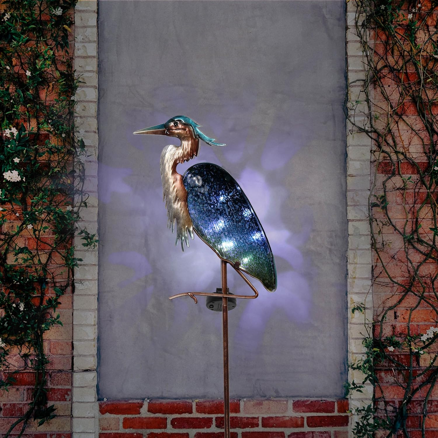TERESA'S Collections Garden Decor for Outside Blue Heron Solar Lights, 42" Glass Lawn Ornaments with Outdoor Lights Decorative Stake