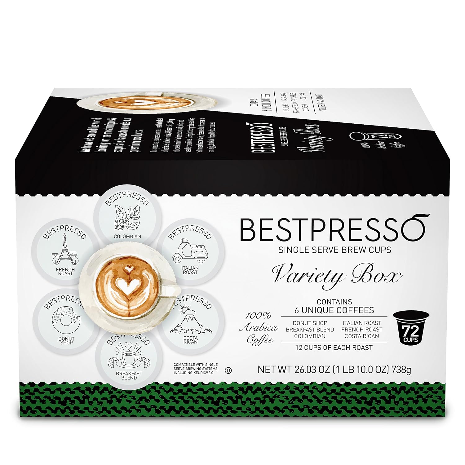 Bestpresso Coffee, Donut Shop Medium Roast Single Serve K-Cup Pods, 96 Count (Compatible With 2.0 Keurig Brewers) 8 Packs Of 12 Cups