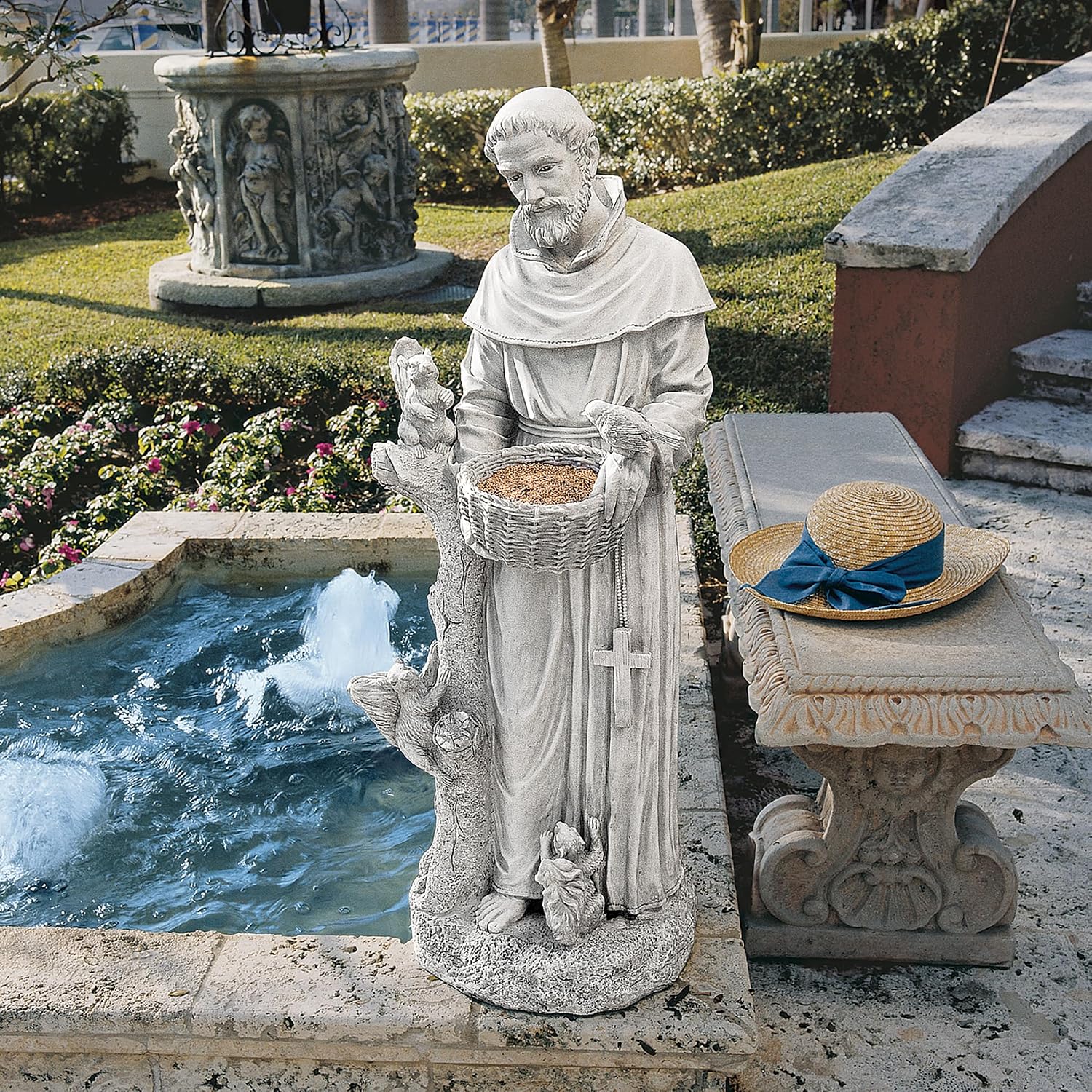 Design Toscano Francis of Assisi Blessing Religious Garden Decor Statue with Bird Bath Feeder, 19 inches Tall, Cast Stone Resin, Gray Stone Finish