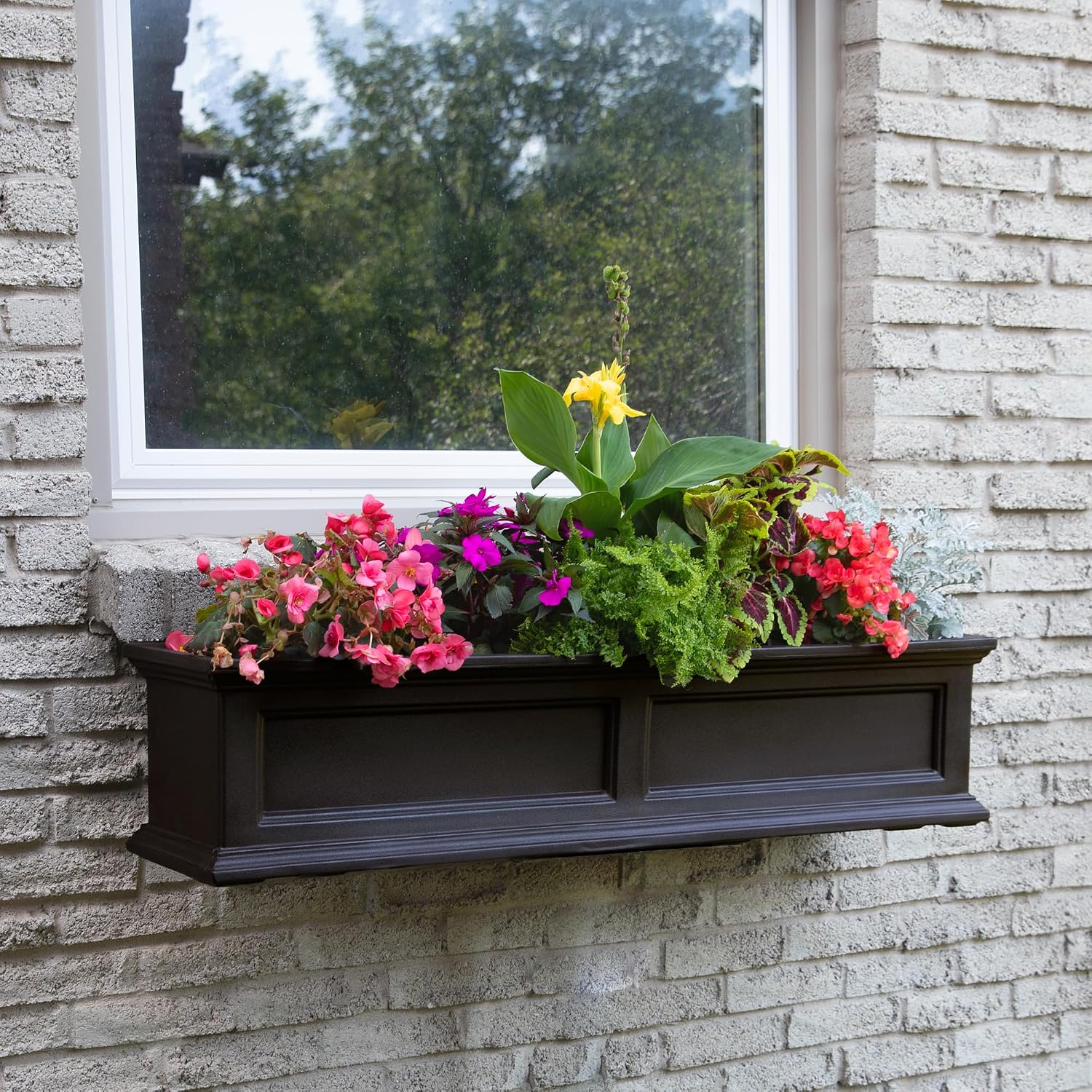 Mayne Fairfield 48in Self-Watering Rectangular Window Box Planter, Black | Self-watering, All season, Fade resistant, Mounting brackets included, Built-in overflow, 15-year warranty