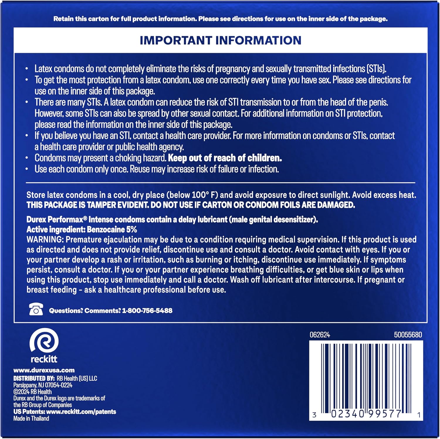 Condoms, Ultra Fine, Ribbed, Dotted with Delay Lubricant, Durex Performax Intense Natural Rubber Latex Condoms, 12 Count, Contains Desensitizing Lube for Men