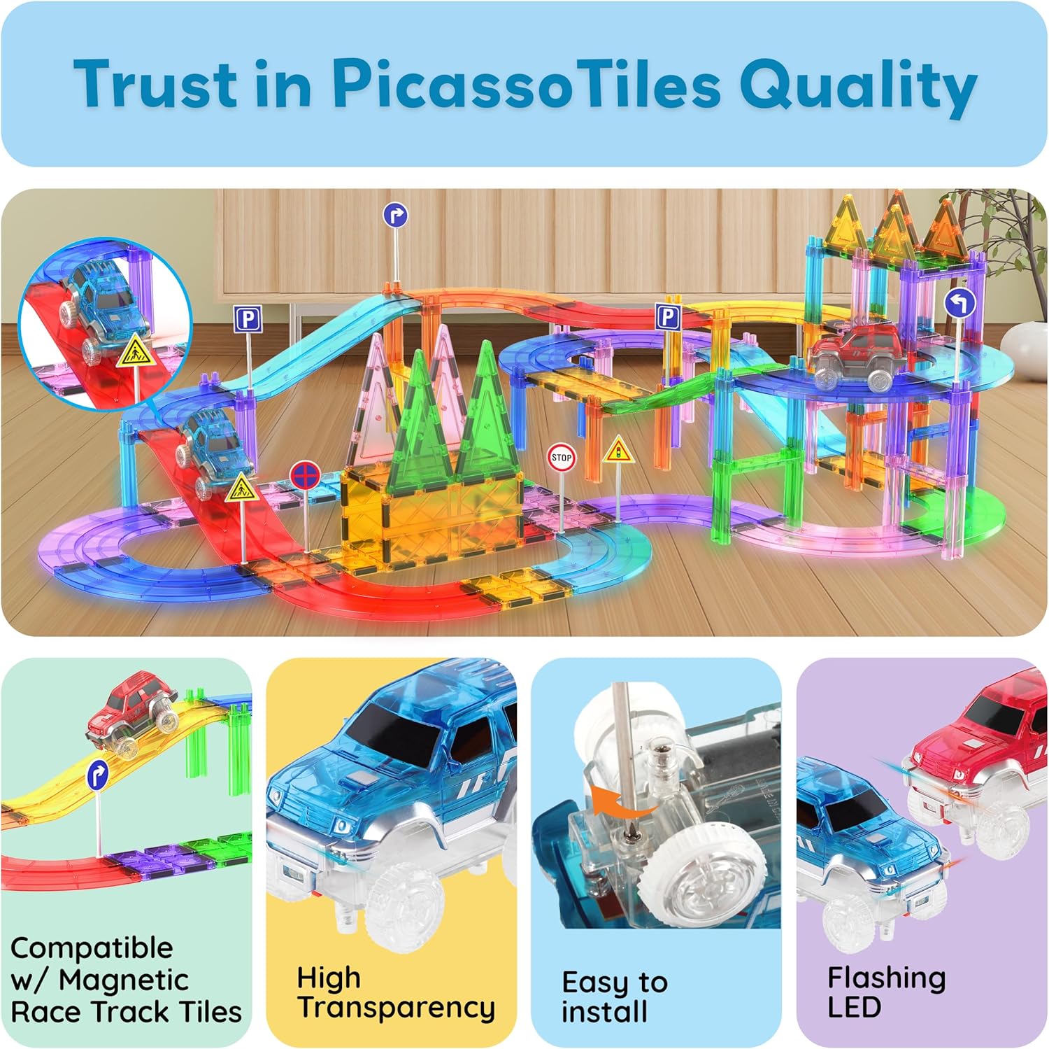 PicassoTiles Race Track Add-On Railway Magnetic Tiles STEM Construction Toy