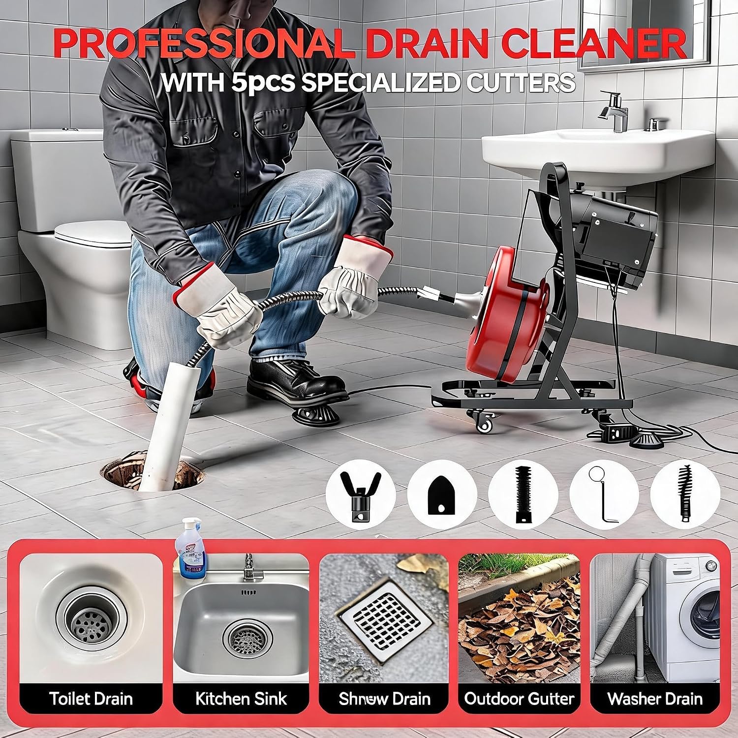 100Ft 3/4 Inch Drain Cleaning Machine. Sewer Snake 750w Auto Feed | Portable Drain Cleaning Machine Electric Drain Auger Sewer Auger with 6 Cutter Air-Activated Foot Switch for 4" to 8" Pipes
