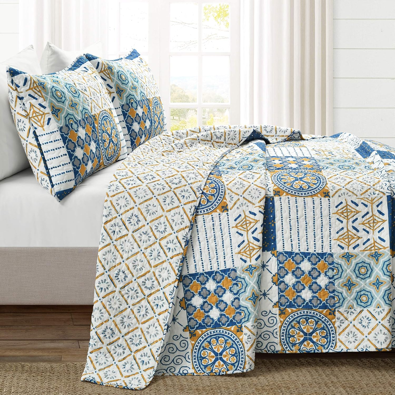 Lush Decor Monique 3 Piece Reversible Print Pattern Blue Quilt Set - Full Queen