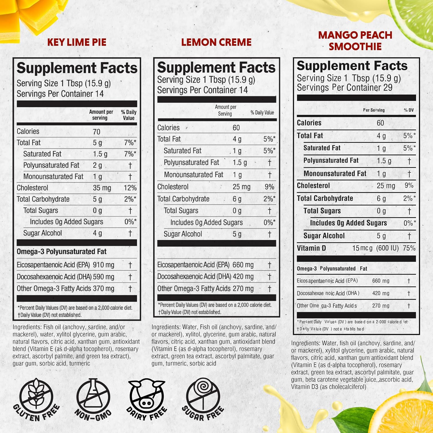 Barlean's Mango Peach Omega-3 Fish Oil, Vitamin D, 1080mg EPA & DHA, 8oz | Wild-caught fish oil plus vitamin D, EPA DHA omega-3, Burpless, Non-GMO, Gluten-free, Heart, brain, bone & immune