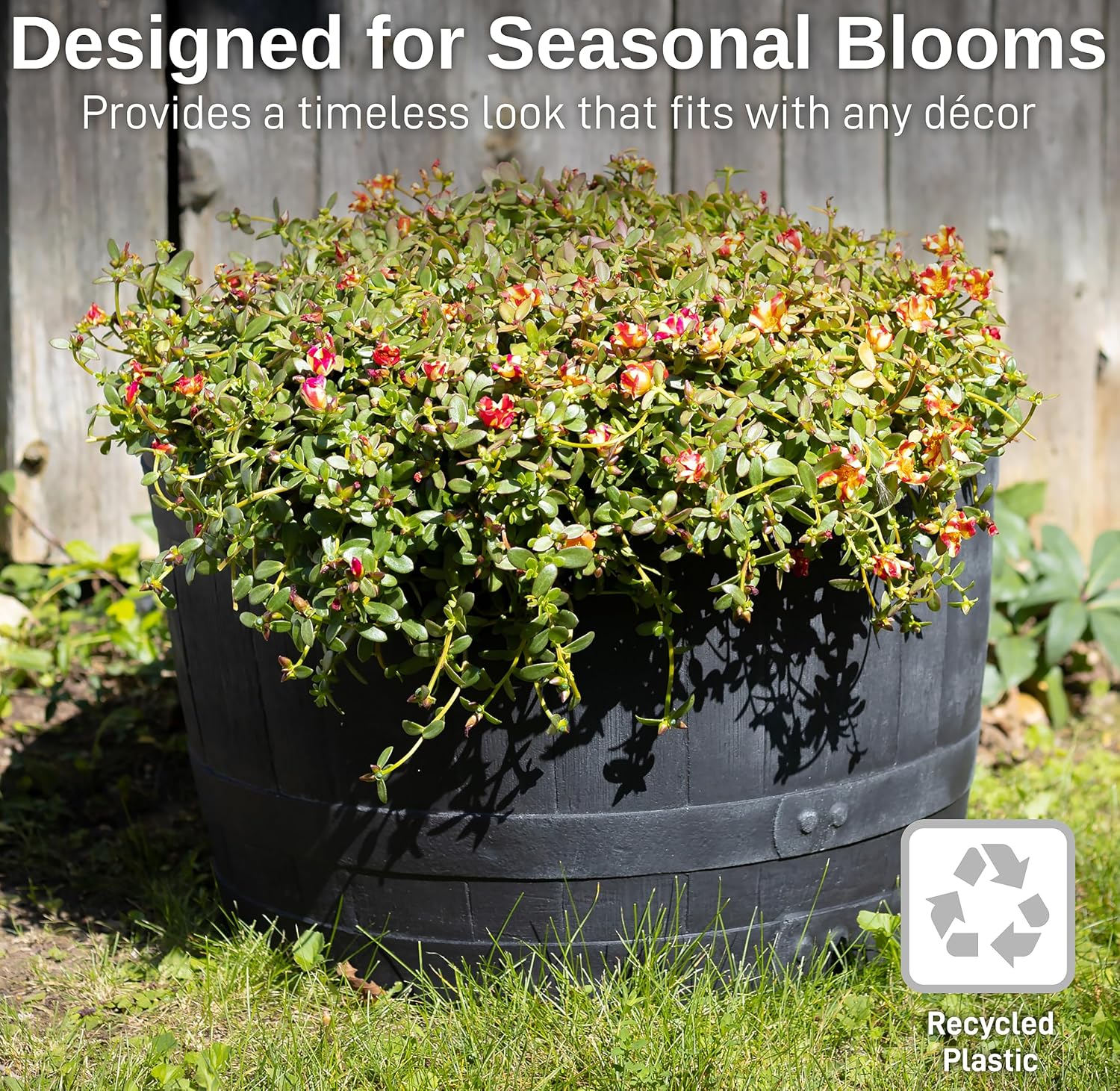 RTS Companies Home Accents 24" Whiskey Barrel Planter, Durable Polyethylene Indoor/Outdoor Flower Pot, Weather-Resistant Plastic Garden Planter, Black, 1-Pack