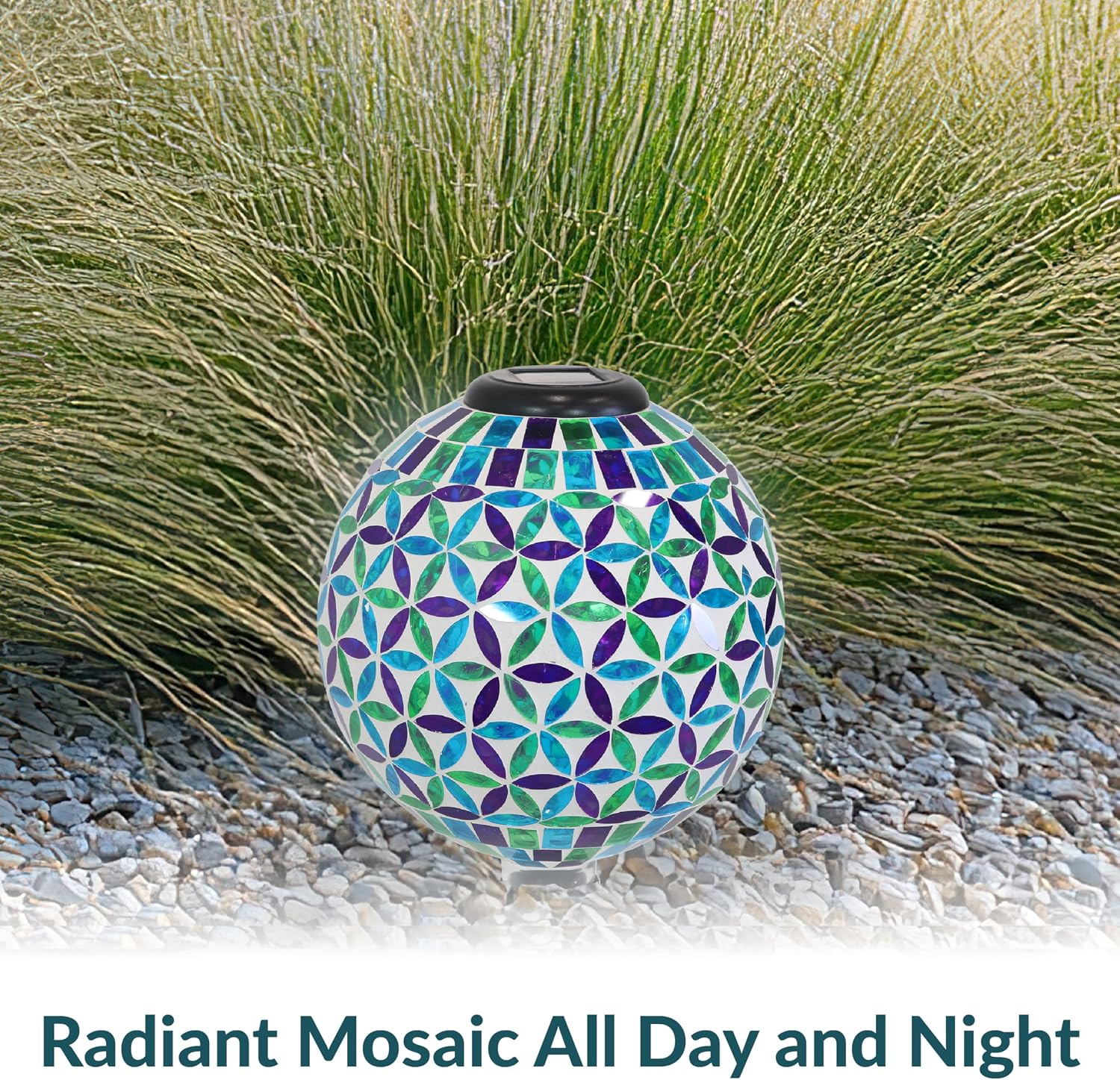 Sunnydaze Solar Gazing Ball for Garden, Mosaic Cool Blooms