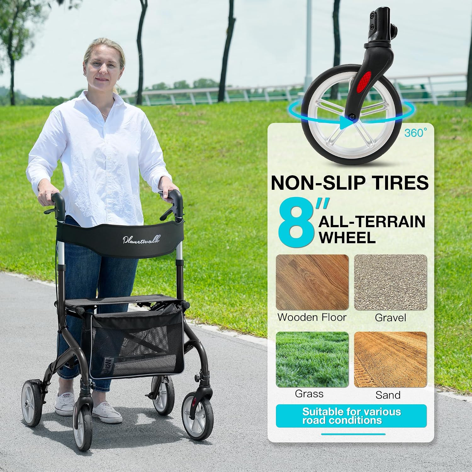 PLANET WALK Super Lightweight Rollator Walker for Seniors, Foldable Rolling Walker with Seat and 8" Rubber Wheels for All Terrain, Unique Design Aluminium Frame Sturdy Walkers for Traveling - Blue
