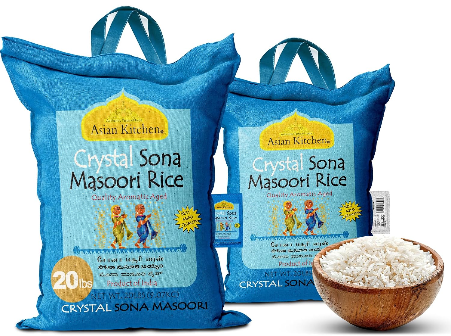 Asian Kitchen White Sona Masoori Aged Rice 20-Pound Bag, 20lbs (9.08kg) Short Grain Rice ~ All Natural | Gluten Friendly | Vegan | Kosher | Indian Origin | Export Quality