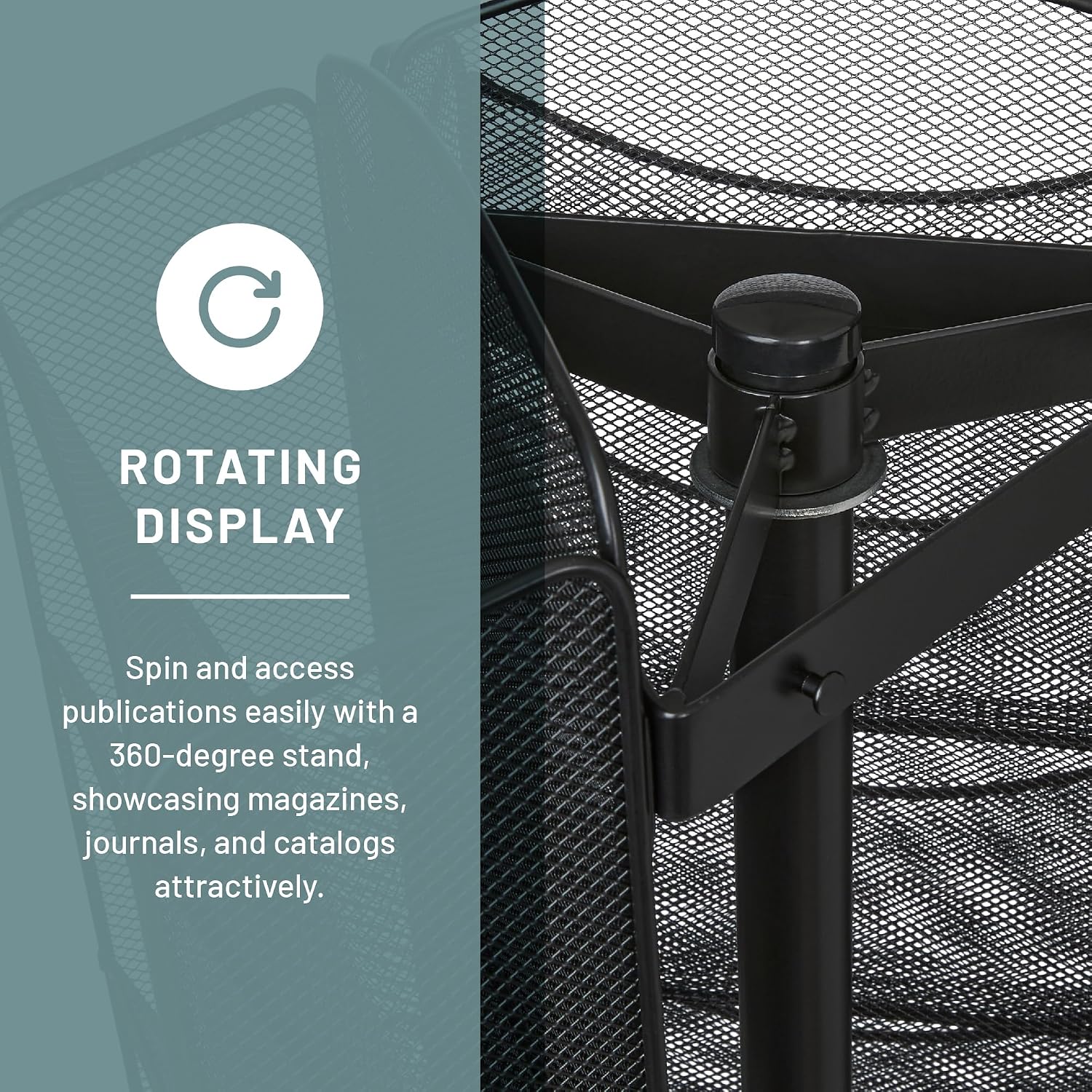 Safco Onyx Rotating Mesh Magazine Holder, Display Rack with 30 Pockets, Brochure Organizer, Commercial-Grade Steel Construction, Black