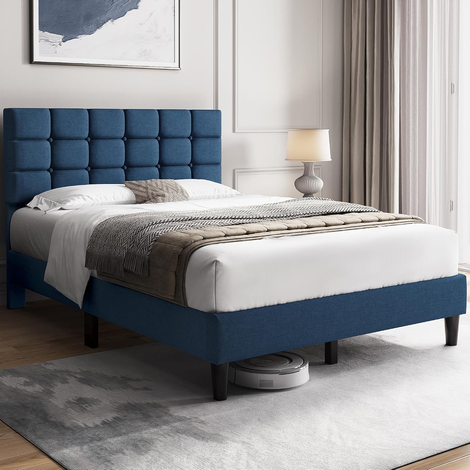 Yaheetech Full Size Upholstered Tufted Bed Frame with Headboard, Dark Gray | Sturdy engineered wood frame with linen fabric upholstery features a soft tufted headboard for easy assembly and support