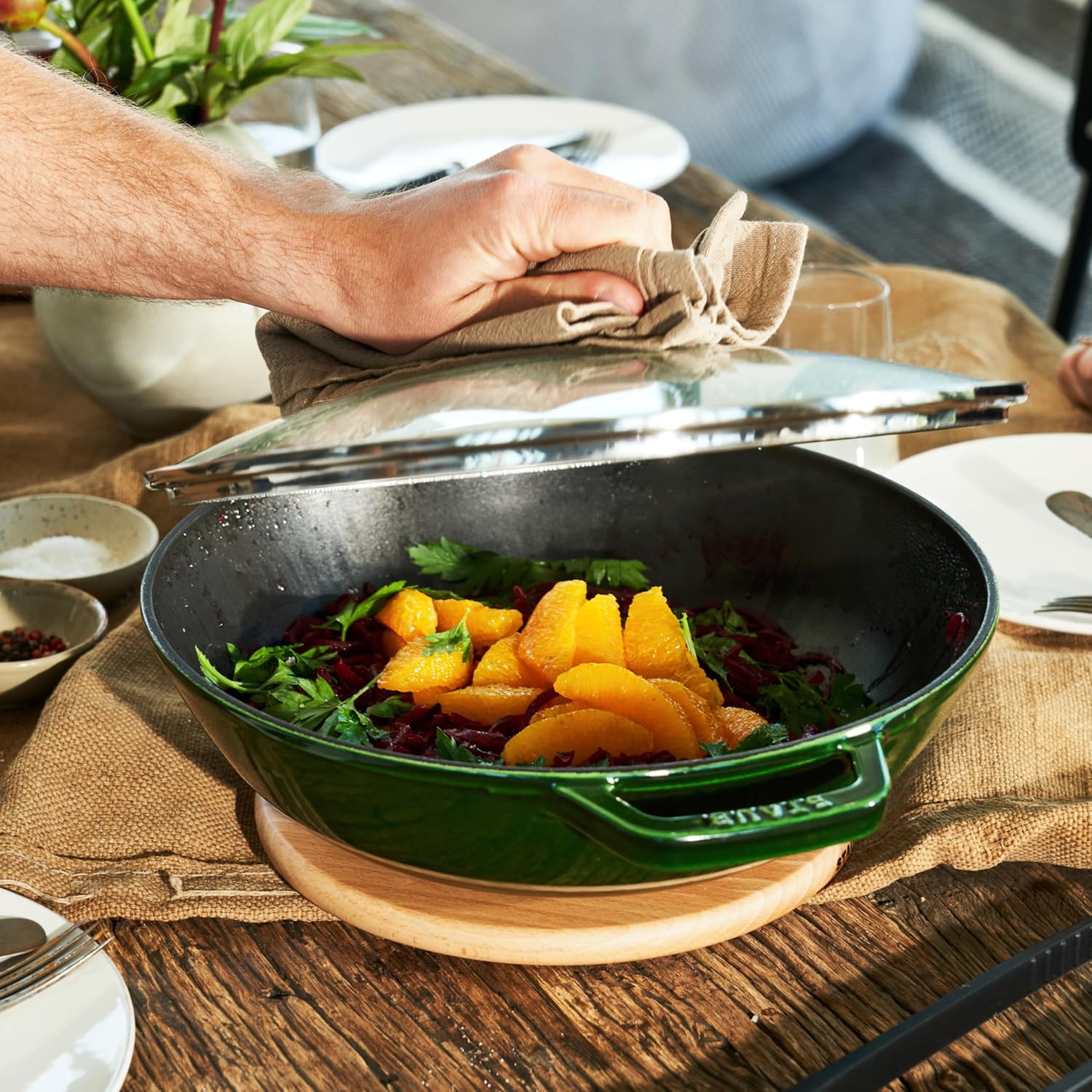 Staub Cast Iron Perfect Pan, Wok, Dutch Oven, 4.5-quart, serves 4-5, Made in France, Dark Blue