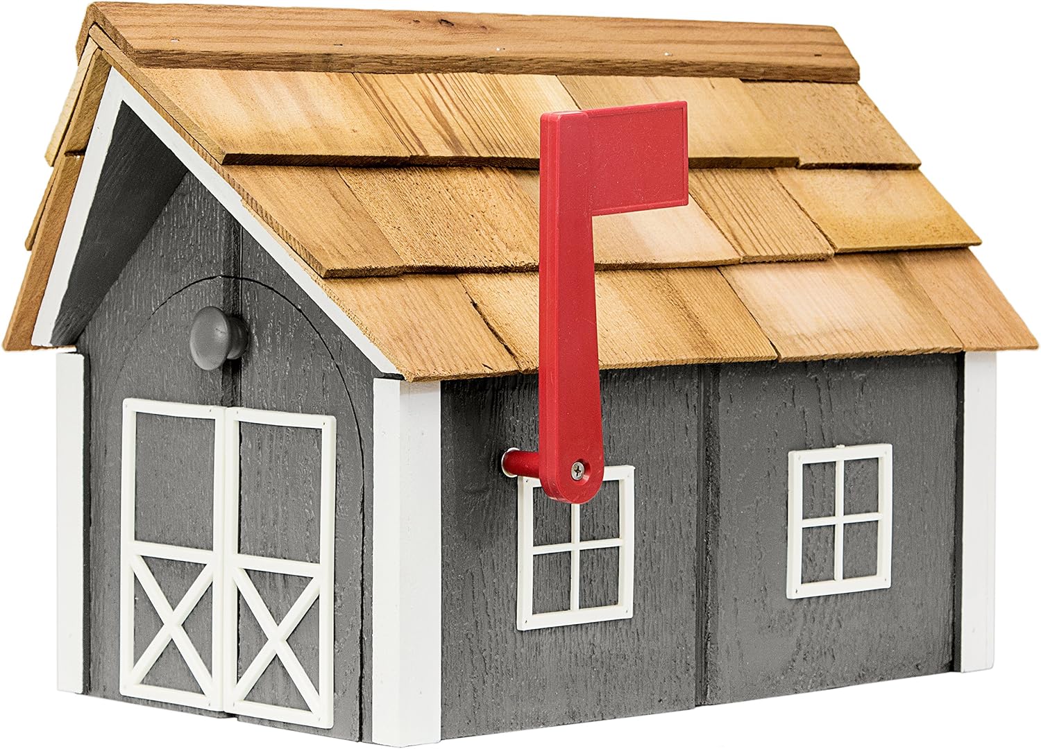 Amish-Made Deluxe Post Mount Wooden Mailbox with Cedar Shingles (Chestnut with White Trim)