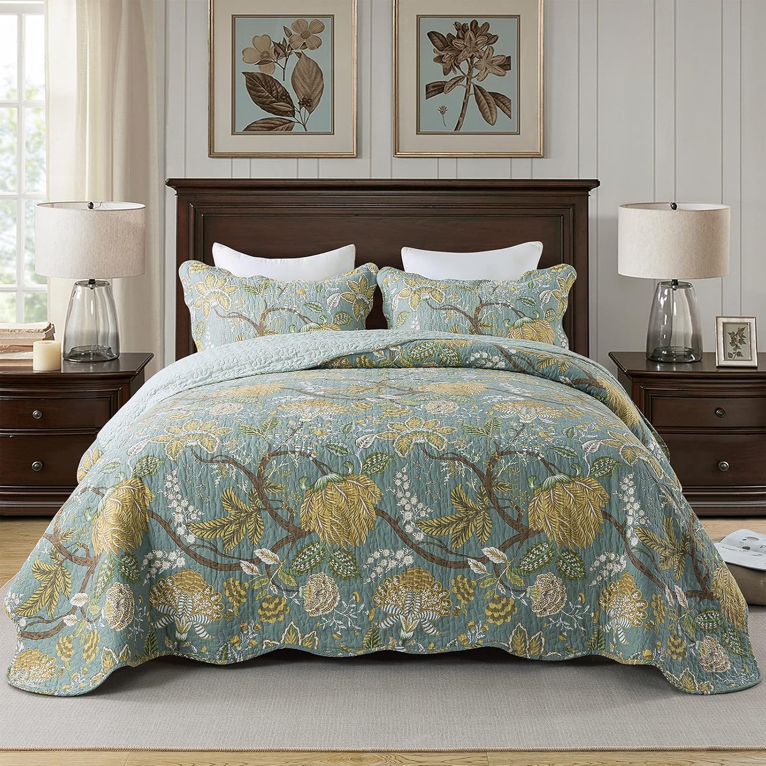 Travan Queen Quilt Set 3-Piece Bedspread Quilted Oversized Lightweight Microfiber Coverlet Set with Shams Violet Purple Floral Pattern Quilted