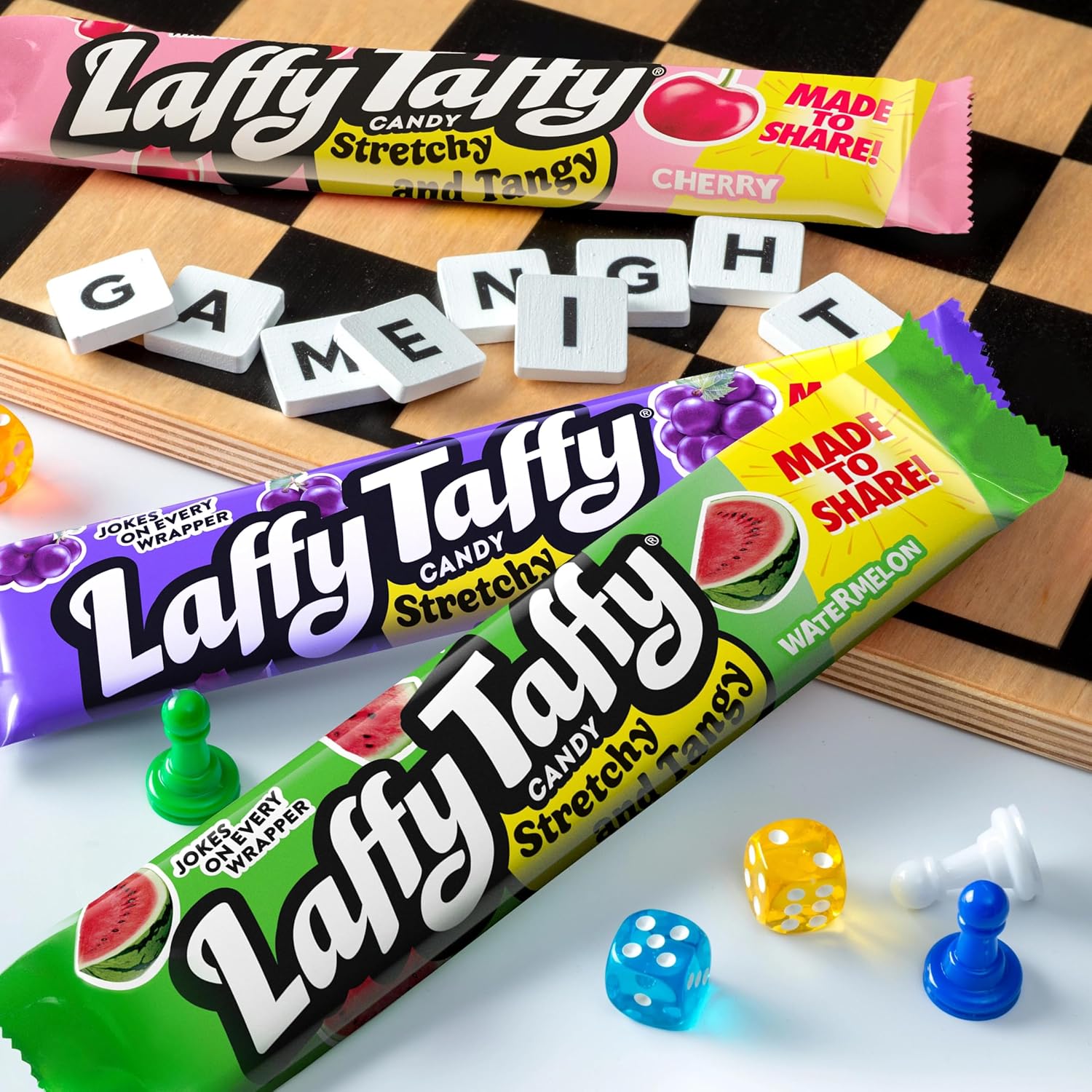 Laffy Taffy Variety Box, Grape Watermelon Cherry Chewy Candy, 1.5 oz, 24 Ct | Grape, watermelon, cherry stretchy tangy taffy, individually wrapped, jokes on wrapper, lunchbox, sharing