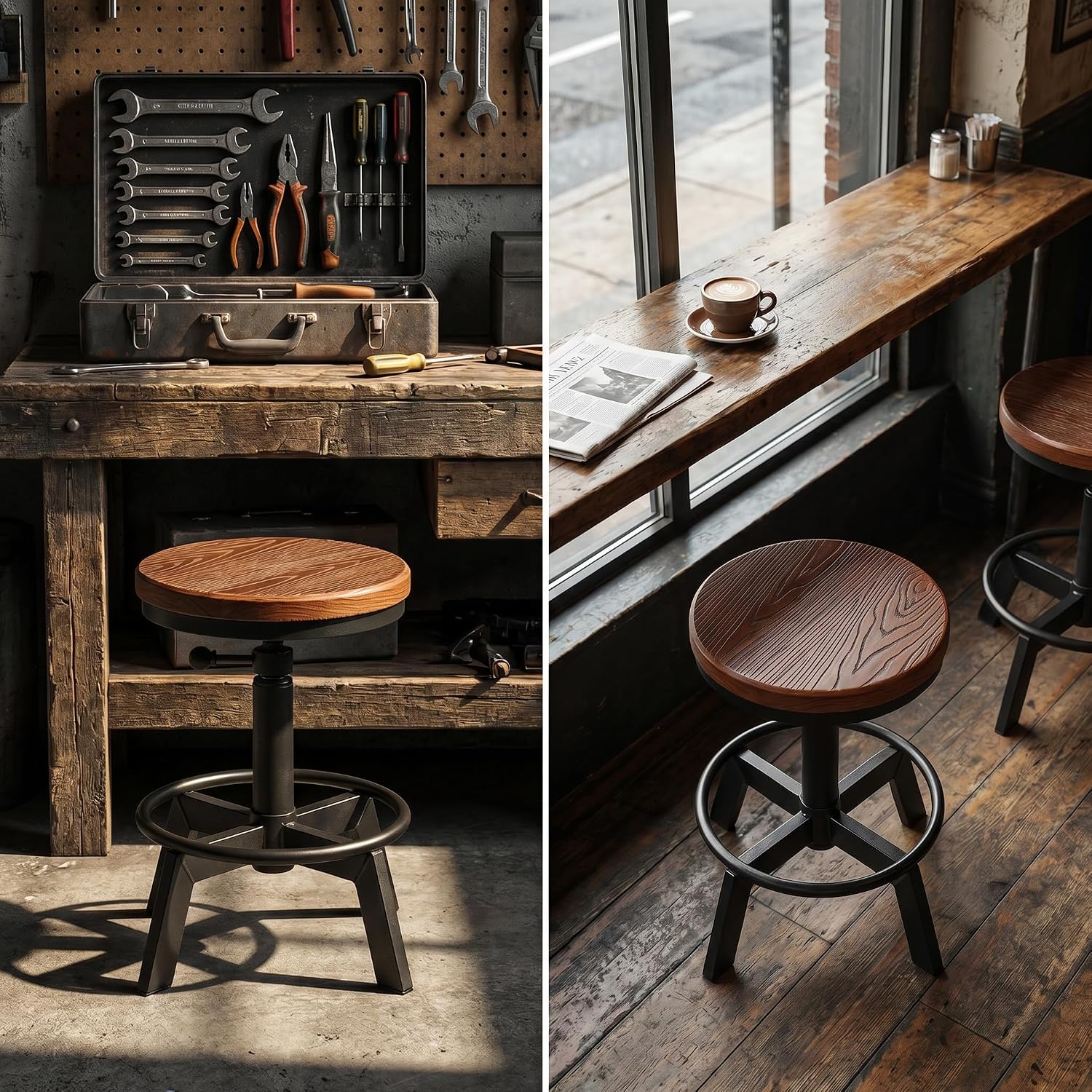 Set of 2 Industrial Bar Stools Short Stool Swivel Wooden Seat Kitchen Island Chairs Counter Height Adjustable 15.2-21inch