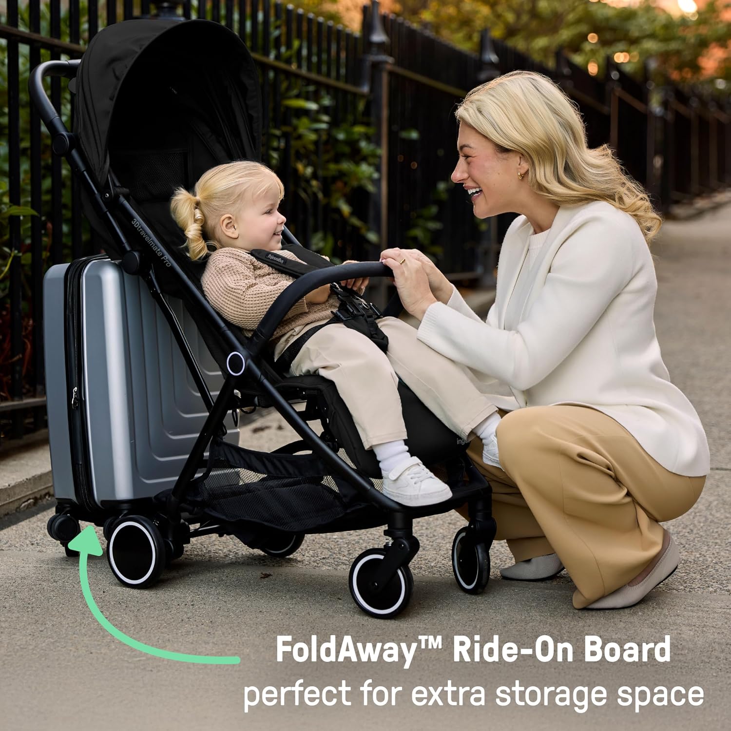 Ingenuity 3D Travelmate Pro Lightweight Travel Stroller with Fold-Away Ride-On Board for Toddlers, Airplane Overhead Bin Compatible, Car Seat Ready, One-Hand Fold