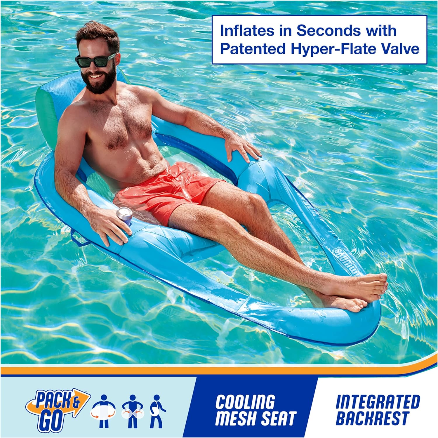 SwimWays Spring Float Recliner Chair for Swimming Pool, Inflatable Pool Floats Adult with Fast Inflation, Cup Holder & Foot Rest for Ages 15 & Up