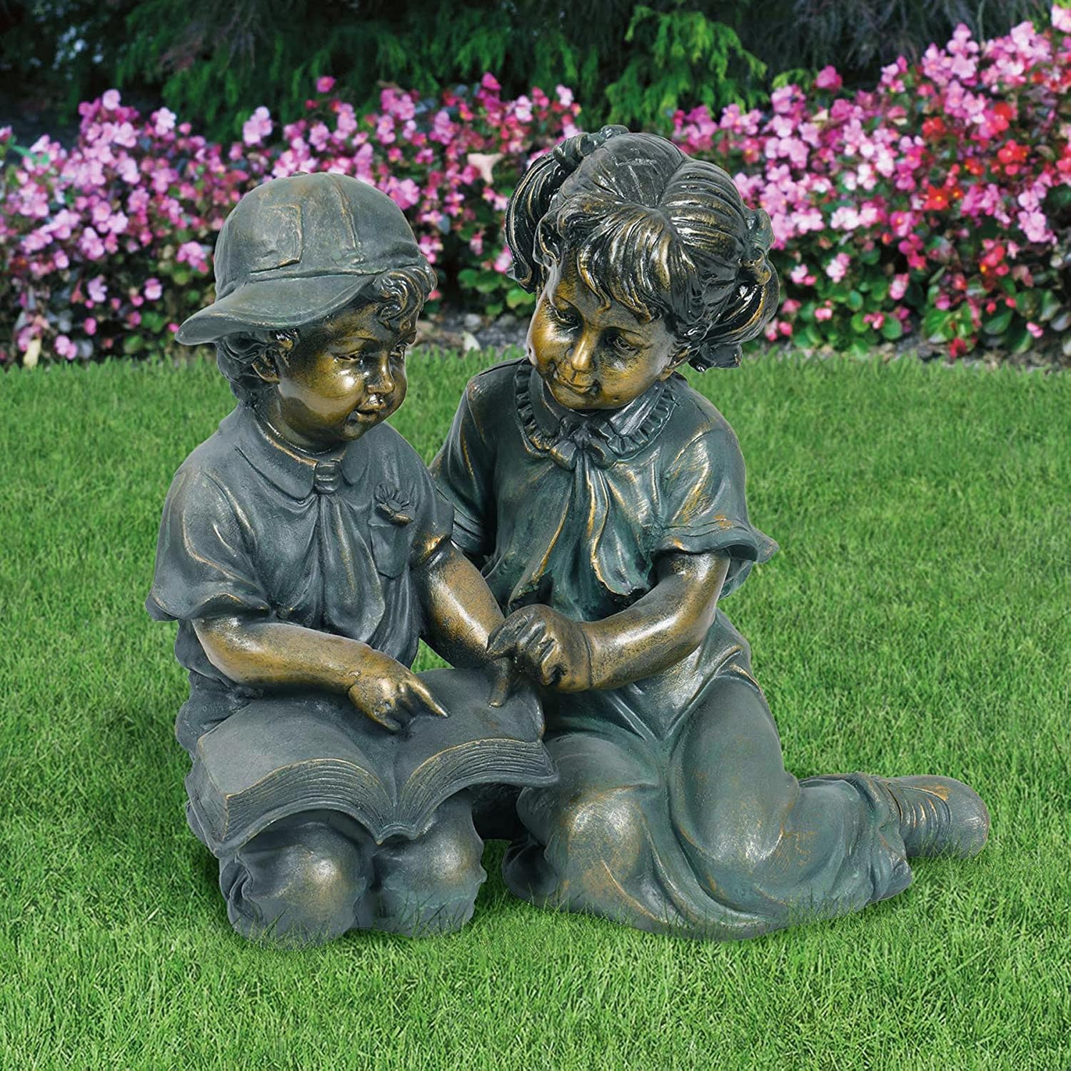 Alpine Corporation 26" Tall Indoor/Outdoor Girl Jumping Over Boy Statue Yard Art Decoration