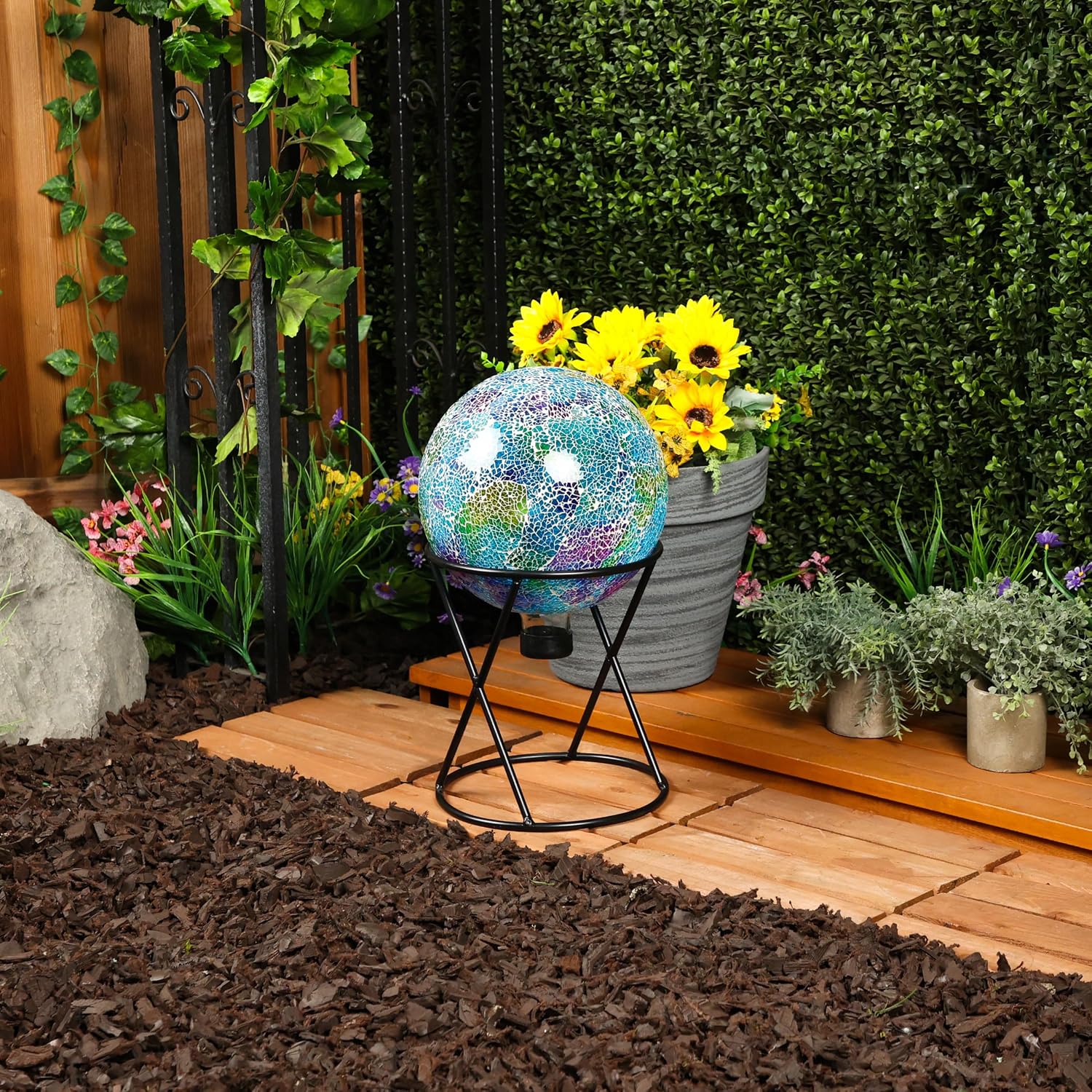 Alpine Corporation 10" Diameter Indoor/Outdoor Glass Mosaic Gazing Globe Yard Decoration, Purple Pearlized Petals Design
