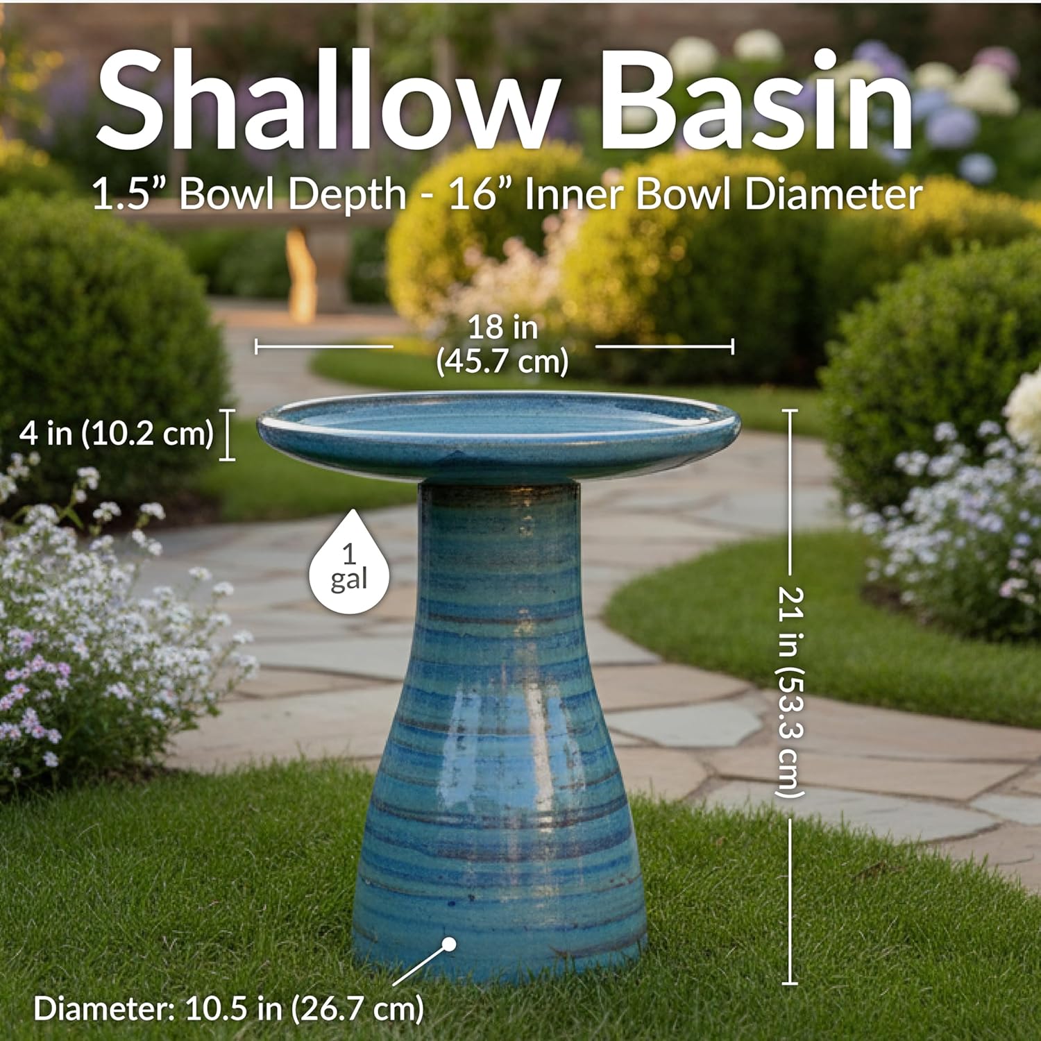 Sunnydaze Ceramic Bird Bath, Weather-Resistant Finish, 21” H, Galaxy Blue
