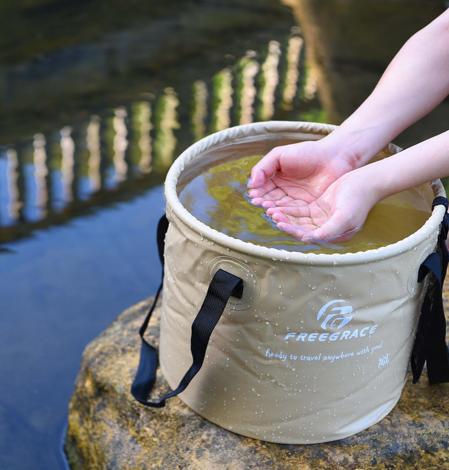 Freegrace Collapsible Bucket with Mesh Tool Pocket - 10L, 16L & 23L Portable Folding Water Container - Heavy Duty 500D Tarpaulin, BPA-Free Wash Basin for Camping, Fishing, RV, and Car Washing