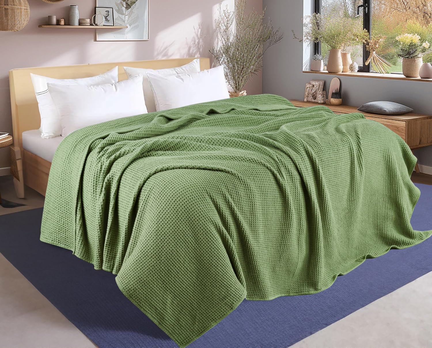 Tex Trend 100% Cotton Waffle Weave Blanket Queen Size - Soft, Breathable Cooling Blanket for Bed, Lightweight Cozy Summer & Spring Bedding, Grey, 90x90