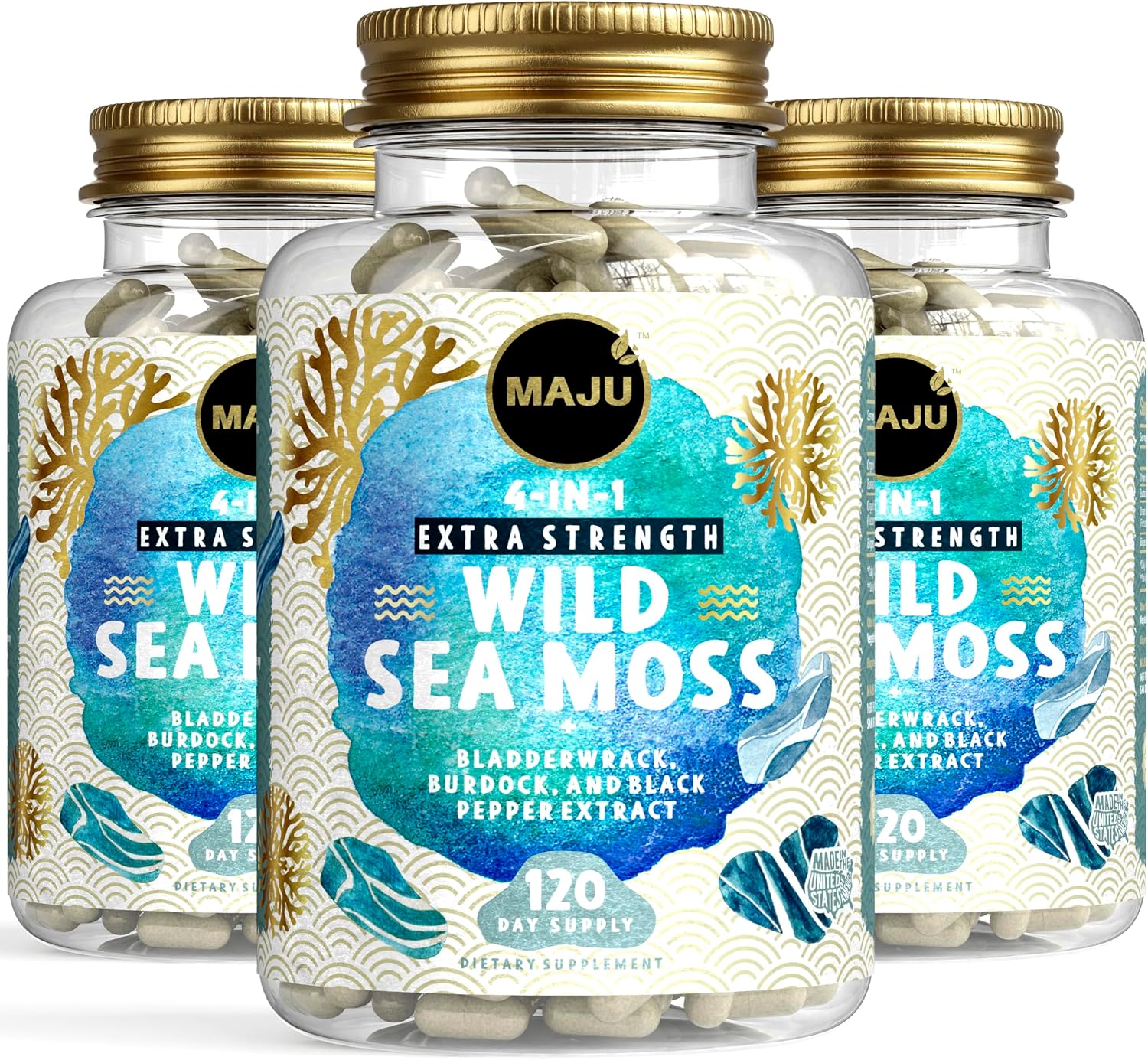 MAJU 4-in-1 Organic Sea Moss Capsules, Wild Chondrus Crispus, Seamoss w/Bladderwrack + Burdock Root, Stronger Than Gel, Irish