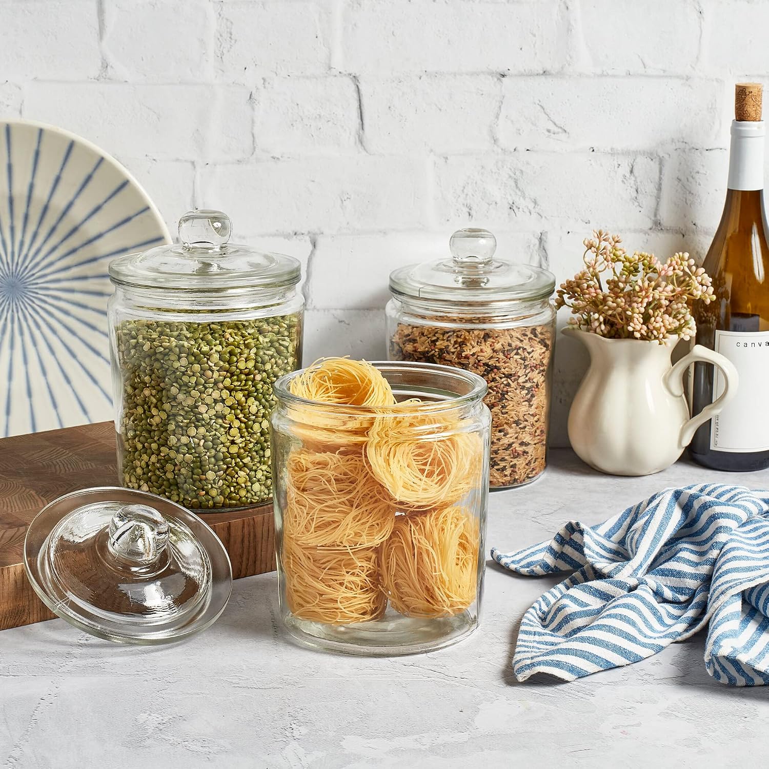 Le’raze 3pc Canister Sets for Kitchen Counter + Labels & Marker - Glass Cookie Jars with Airtight Lids - Food Storage Containers with Lids