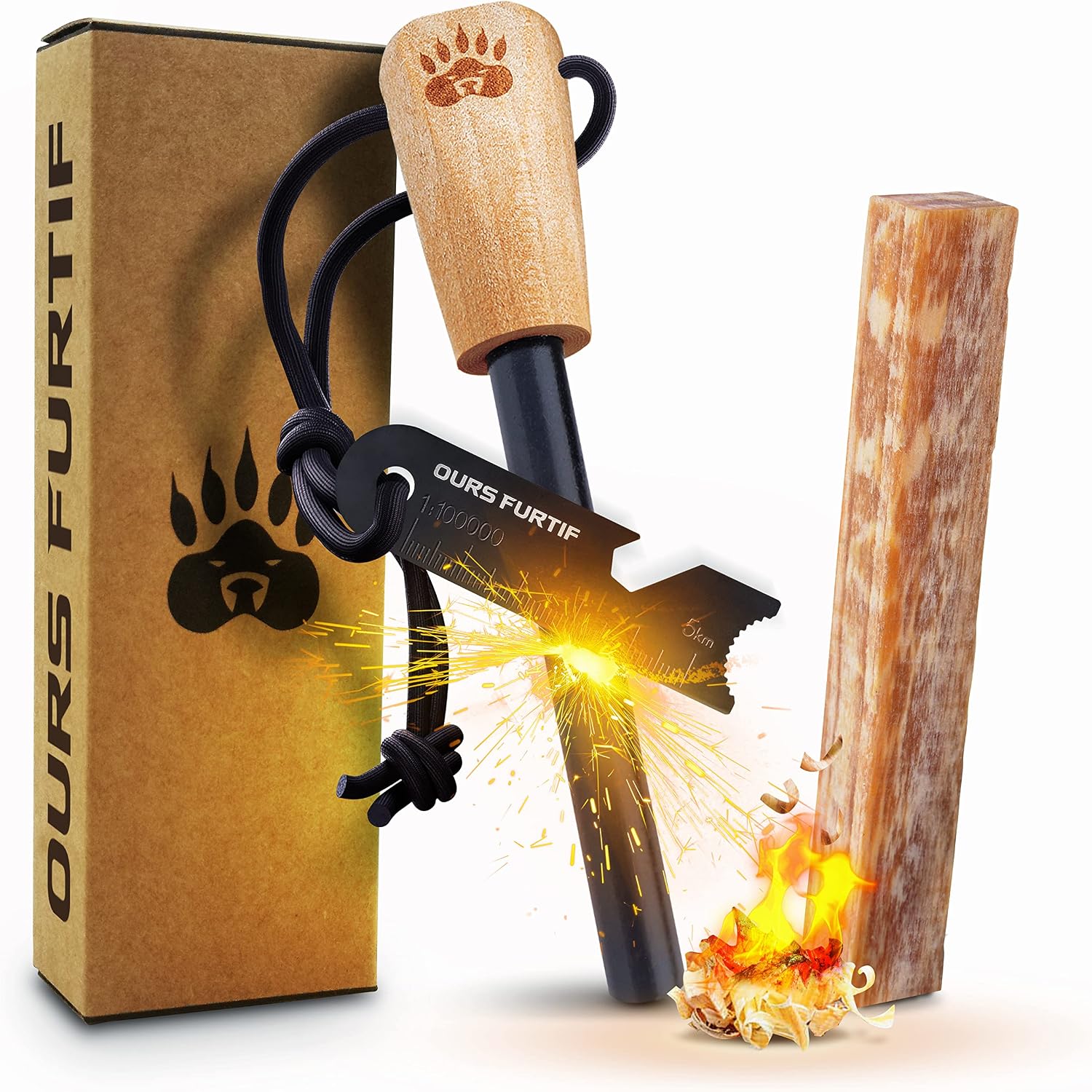 Ferro Rod Fire Starter Kit with Fatwood Tinder Stick - 3/8" Thick Ferrocerium Flint and Steel Fire Starter