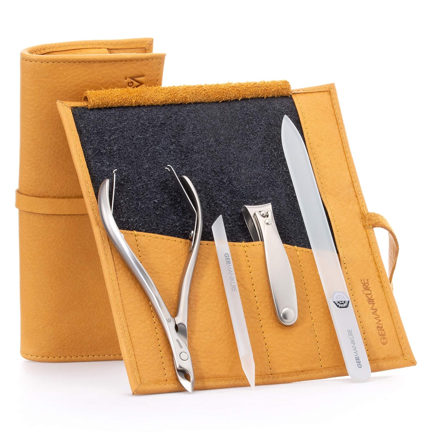 GERMANIKURE 4pc Manicure Nail Care Kit, Solingen Germany, Yellow Suede Roll