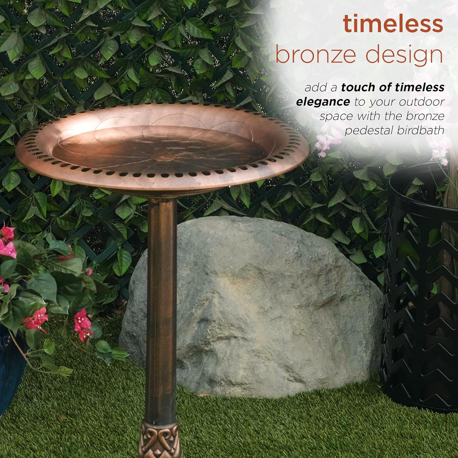 Alpine Corporation TEC116 Outdoor Aged Green Pedestal Birdbath with Scrollwork, 28" Tall, Green