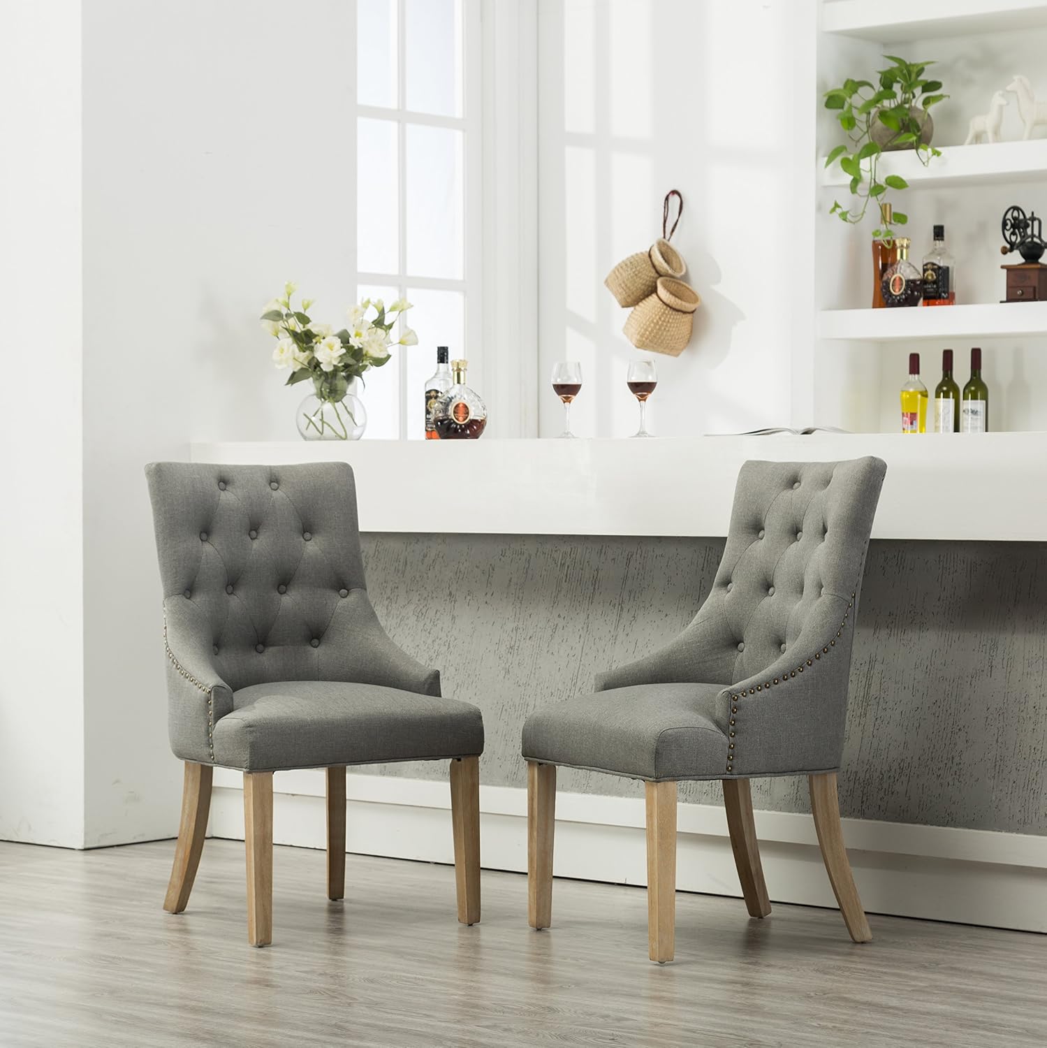Roundhill Furniture Button Tufted Solid Wood Wingback Hostess Chairs with Nail Heads, Set of 2, Tan, White, "Tan, 24D x 22W x 39H in