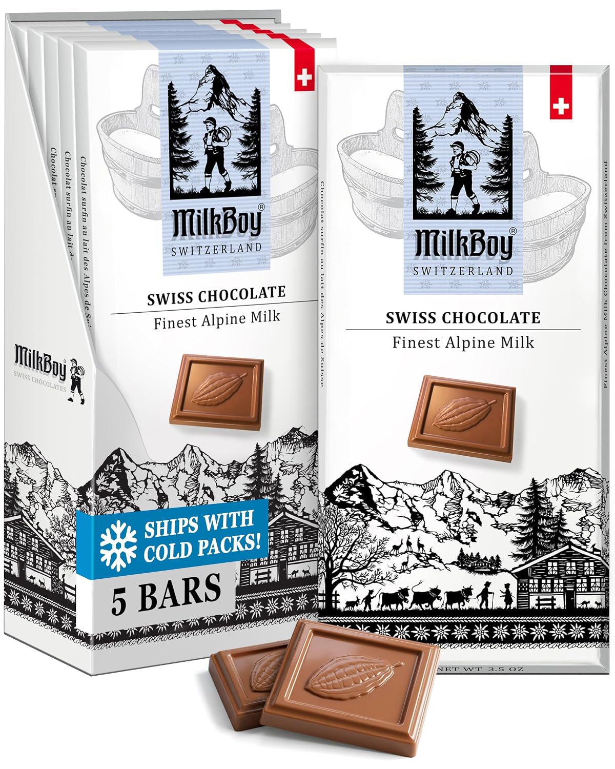 MilkBoy Swiss Chocolates Alpine Milk Chocolate Bars - 3 oz, 5 Pack | Premium gourmet treat with creamy milk. Rainforest Alliance certified cocoa. Gluten free. Kosher. Crafted in Switzerland.