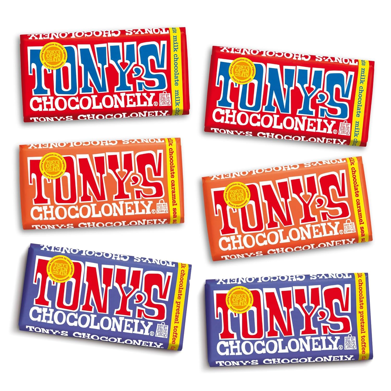 Tony’s Chocolonely Super Duper Milk Chocolate Candy Bar Bundle, Milk & White Chocolate With Sea Salt, Caramel, Pretzel Toffee, Almond, Hazelnut, Made From Quality Fairtrade Cocoa, 6 Bars, 6.35 Oz Each