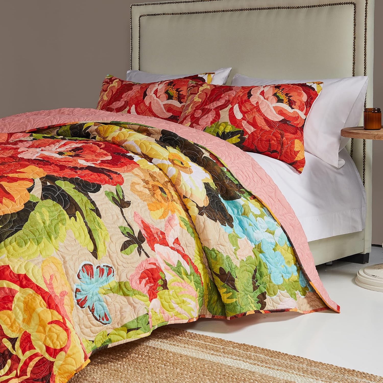 Greenland Home Fashions Ultra-Soft, Reversible, Brushed Microfiber Quilt Set, 3-Piece Full/Queen, Misty Bloom