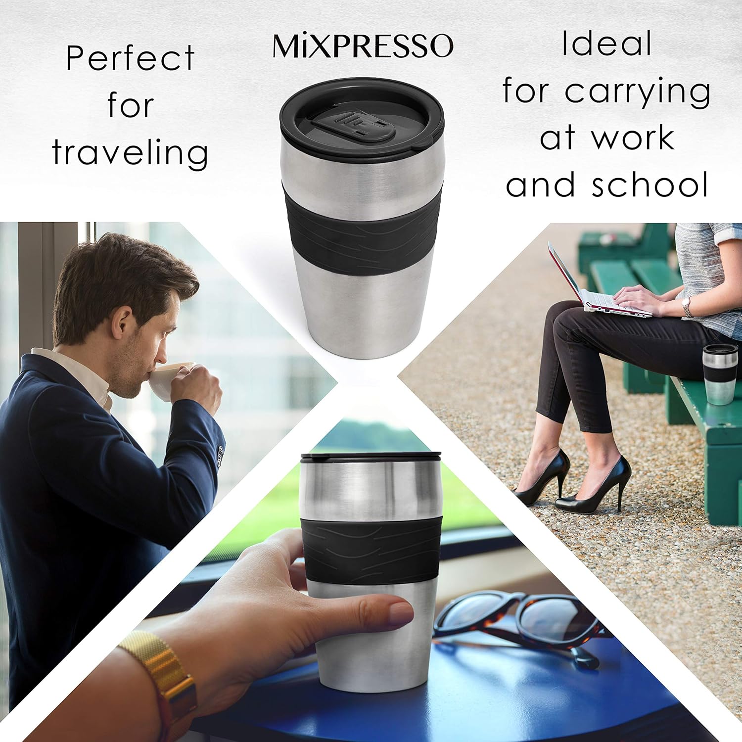 Mixpresso Single Serve & Single Cup Coffee Maker with 14oz Travel Mug Black | For ground coffee only, reusable filter, auto shut off. Compact personal drip coffee maker, not compatible with K-Cup pods.