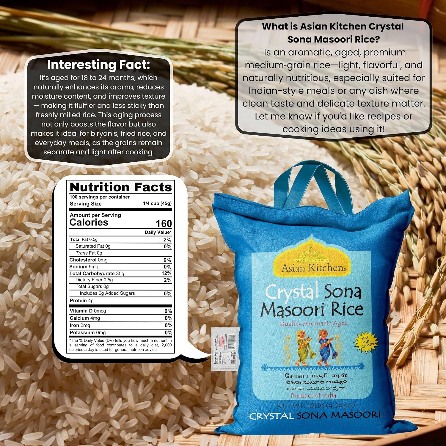 Asian Kitchen White Sona Masoori Aged Rice 20-Pound Bag, 20lbs (9.08kg) Short Grain Rice ~ All Natural | Gluten Friendly | Vegan | Kosher | Indian Origin | Export Quality